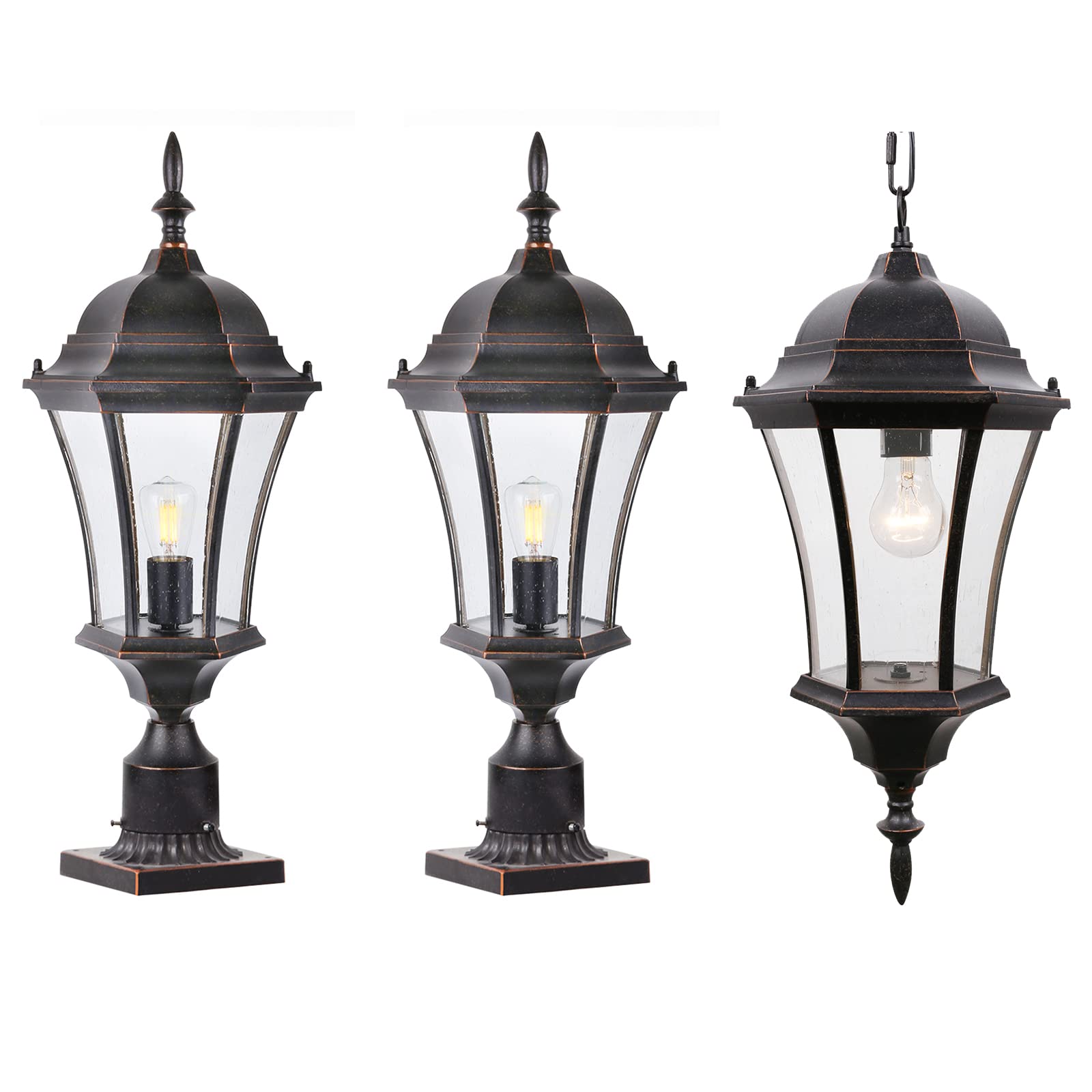 Outdoor Wall Light Fixture - 1 Pendant Light & 2 Post Mount Lights (No Sensor) LM4610-M-2P for Patio, Garden & Porch Lighting
