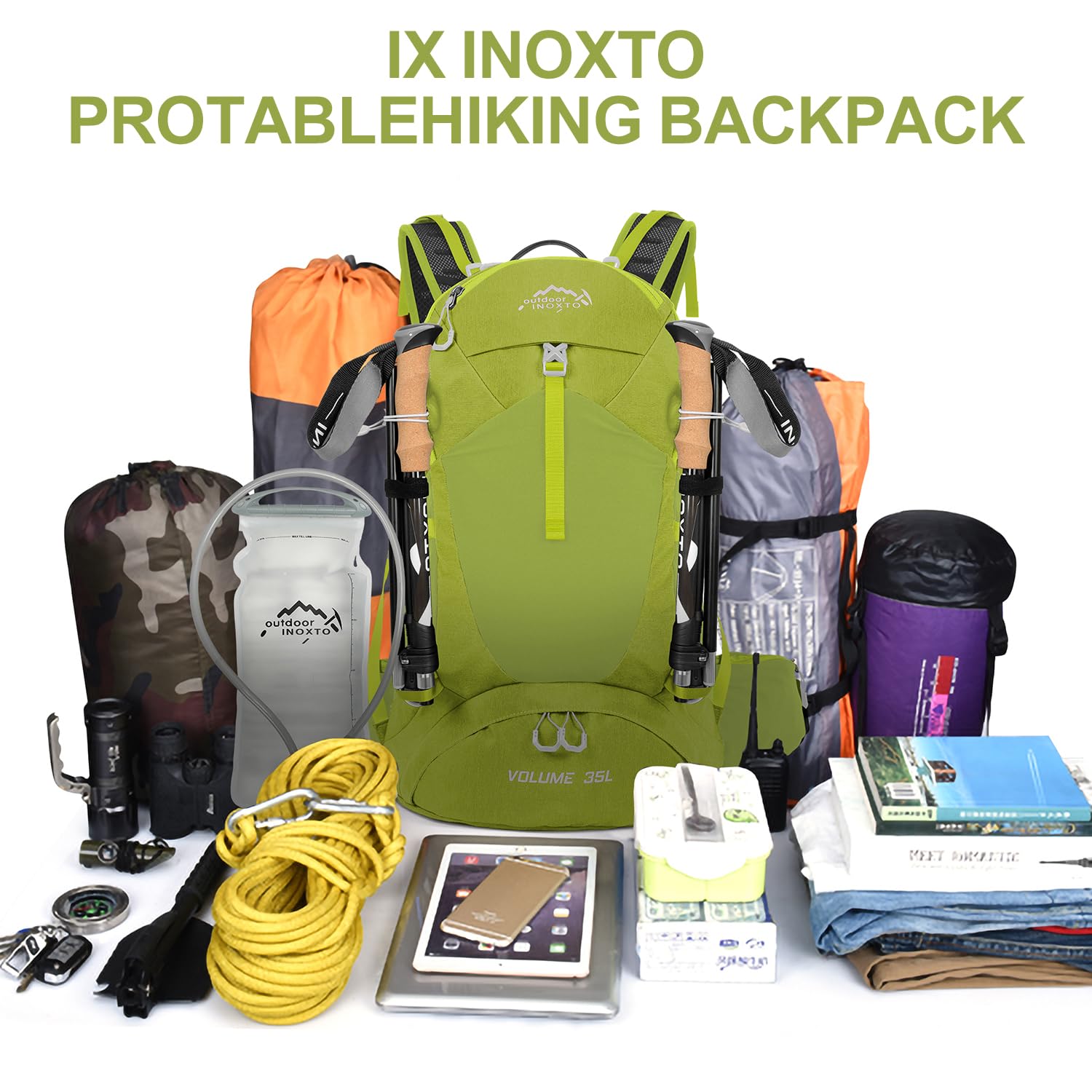 **35L Waterproof Hiking Backpack with 3L Hydration Bladder & Rain Cover - Lightweight Daypack for Camping, Trekking & Outdoor Adventures - Durable Travel Backpack for Men & Women (Fruit Green)**    **Usage Scenarios:** Perfect for day hikes, camping trips, mountain climbing, travel, and outdoor sports.