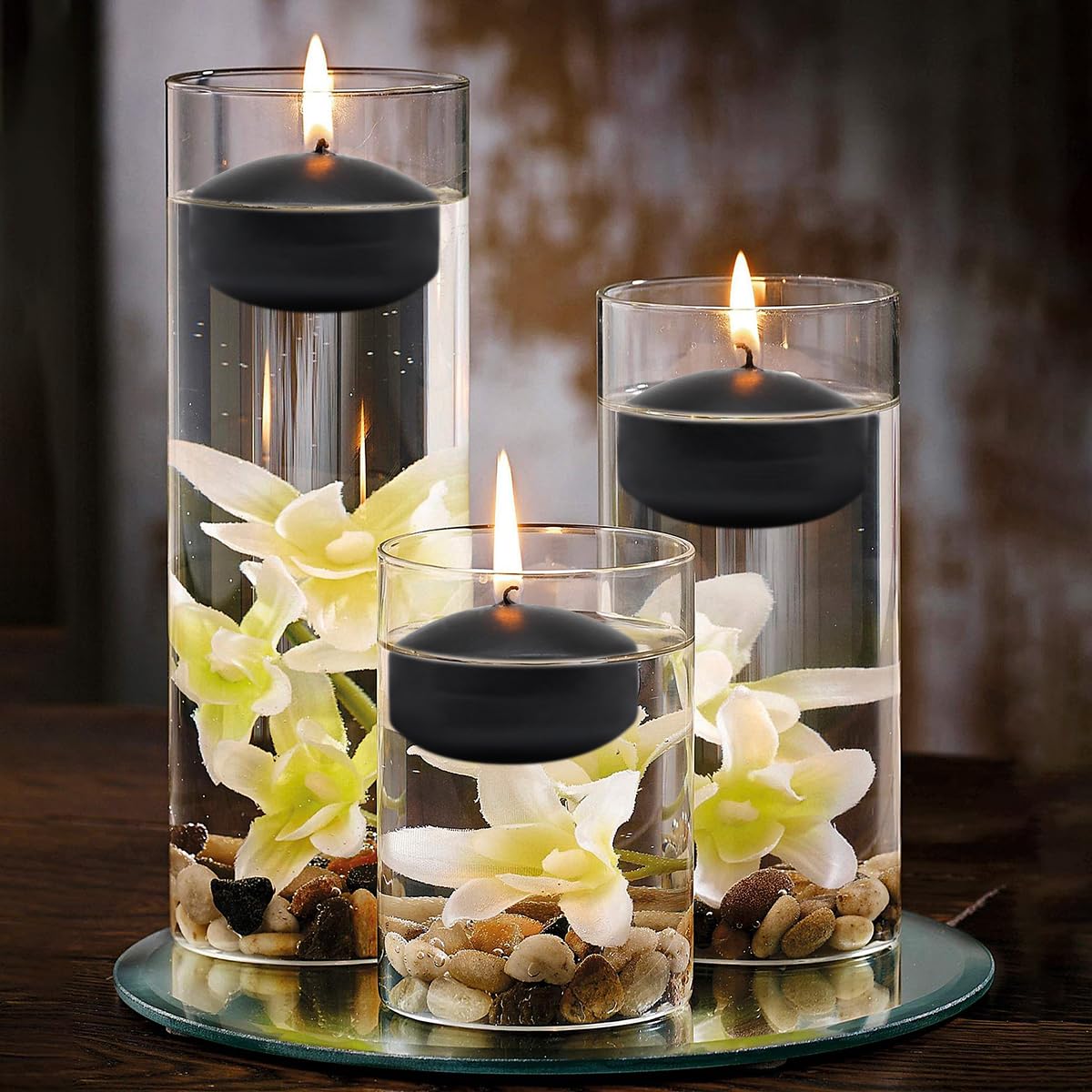 6 Hour Black Floating Candles - Unscented 2 Inch Dripless Pool Water Wax Candles for Cylinder Vase, Wedding Centerpiece, Party Decor, Holiday & Halloween Decorations - 24 Pack for Tablescapes, Spa Nights, Romantic Dinners