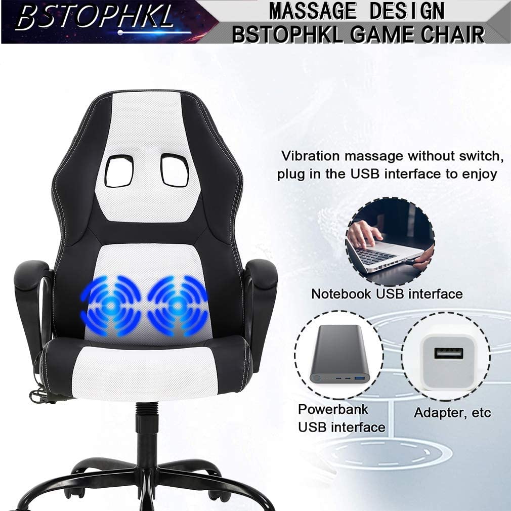 Ergonomic Gaming Chair with Massage & Lumbar Support - Adjustable Reclining Office Computer Chair with Headrest & Armrest - Rolling Swivel Video Game Chair for Adults & Teens - Perfect for Esports, Streaming & Home Office (White)