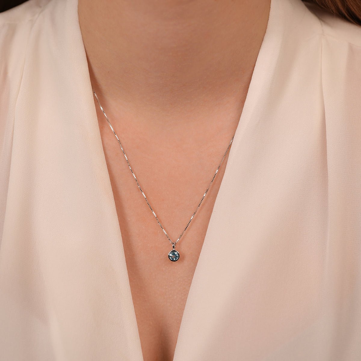 14K White Gold Round Blue Topaz Pendant Necklace - Bezel Set Gemstone Jewelry for Women - Perfect for Weddings, Anniversaries & Special Occasions