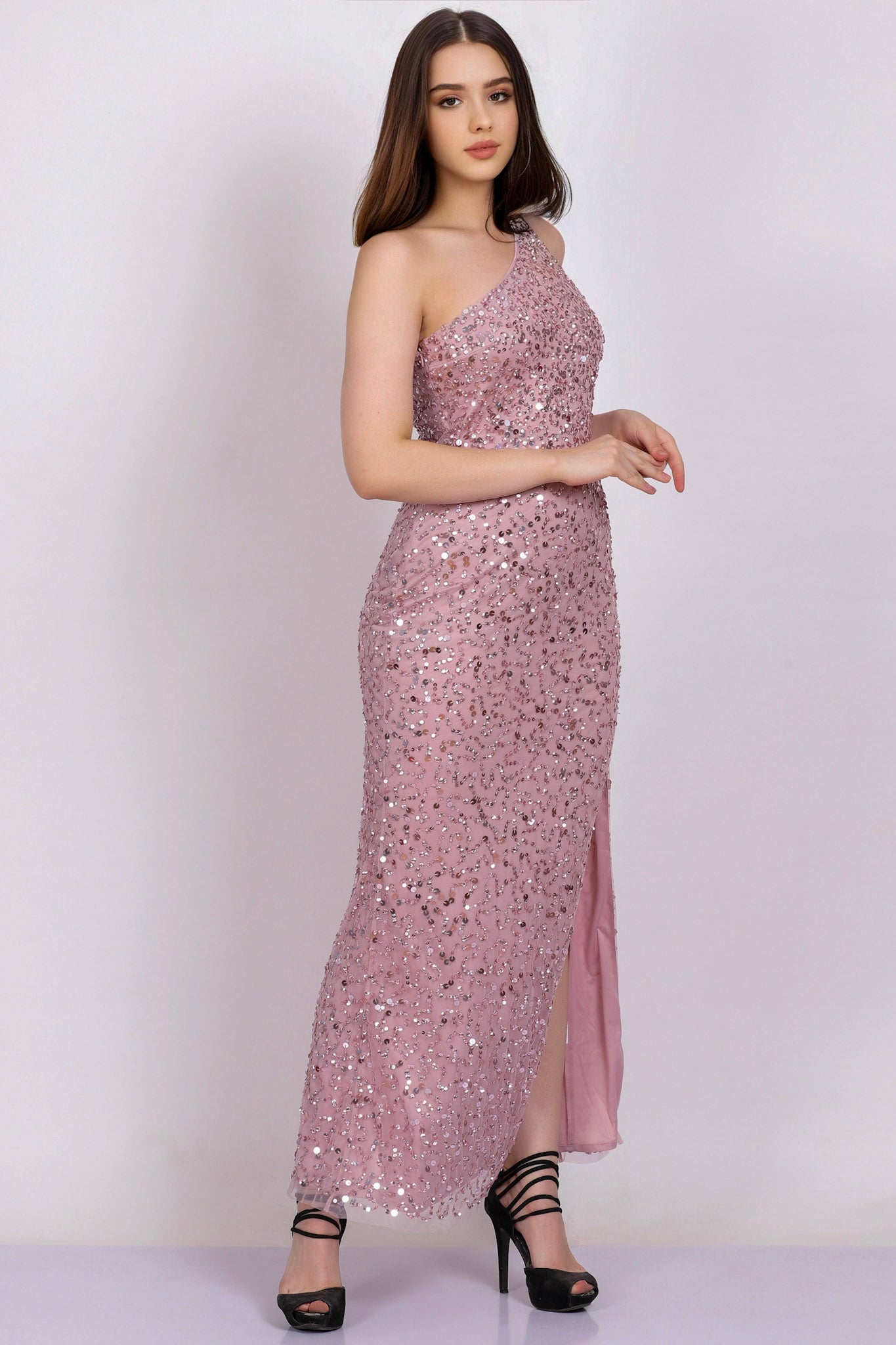 **Naeve One Shoulder Sequin Dress in Pink - Elegant Party Gown for Prom, Evening Events & Special Occasions**