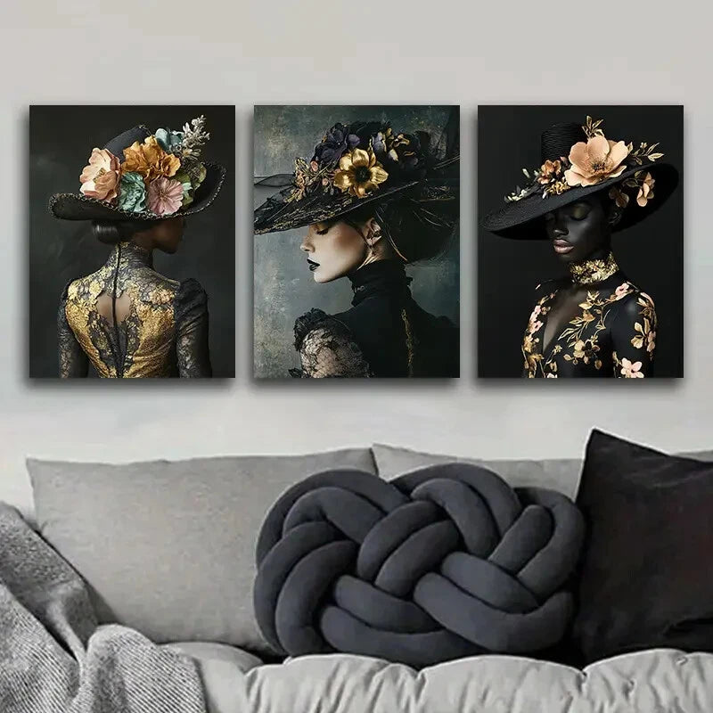 3-Piece Floral Hat Girl Painting - Metal Print Wall Art Ready to Hang | Perfect for Living Room, Bedroom & Office Decor