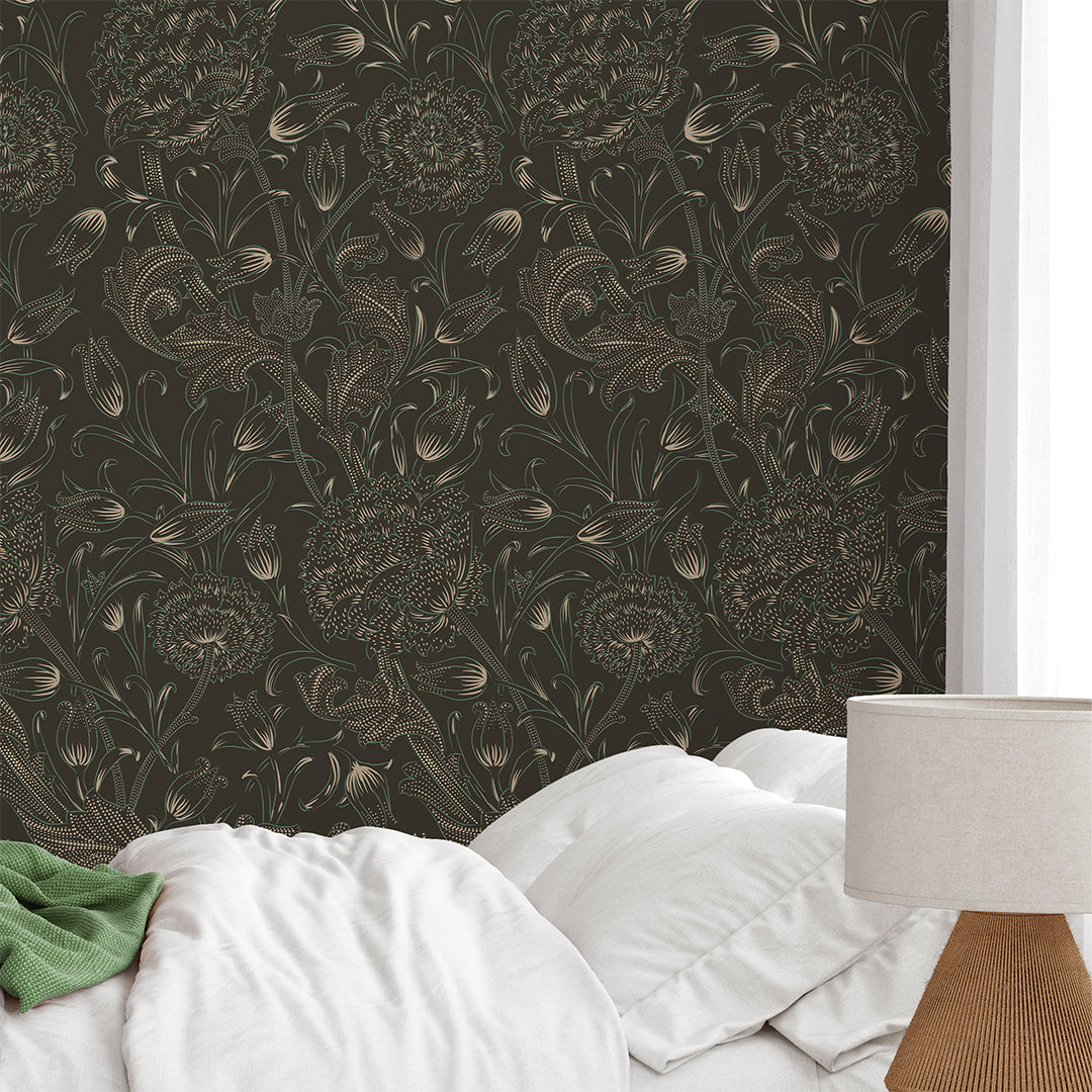 Brown Wild Tulip Wallpaper W112 by Morris & Co - Premium Floral Peel & Stick Wallpaper for Living Room, Bedroom, or Nursery Decor
