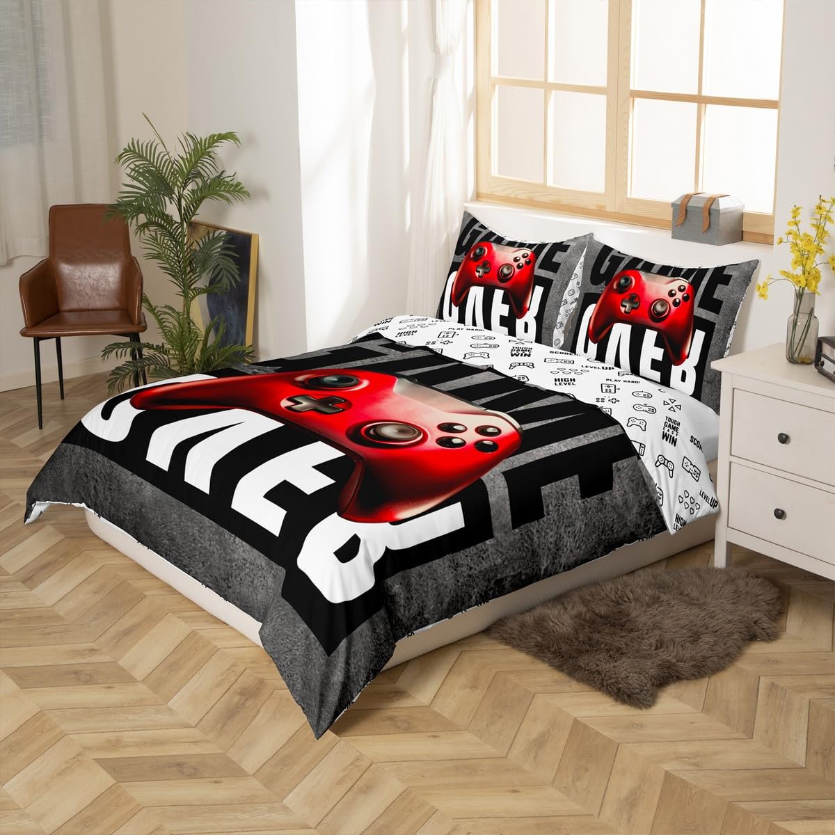 Boys Gamer Duvet Cover Twin Size - Reversible Red Video Game Controller Design with Pillowcase - Perfect for Kids & Teens Bedroom Decor, Gaming Room Setup - Soft Comforter Cover Set (2-Piece, Grey) - Great Christmas Gift for Gamers