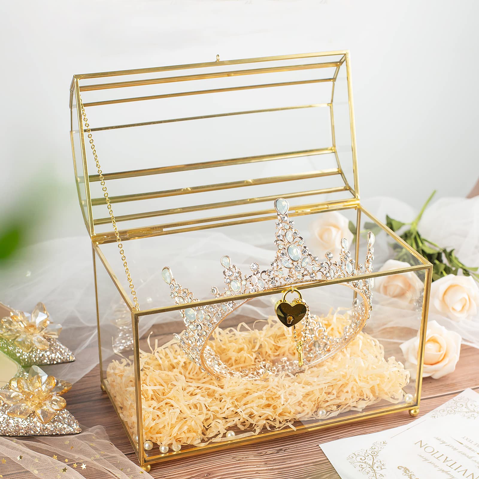 Elegant Gold Wedding Glass Card Box with Secure Heart Lock - Large Clear Card Holder for Wedding Reception, Bridal Shower, Anniversary - Handmade Brass & Glass Display Box Perfect for Wedding Centerpiece & Gift Collection - Ideal for Wedding Decor, Bridal Party, and Special Events