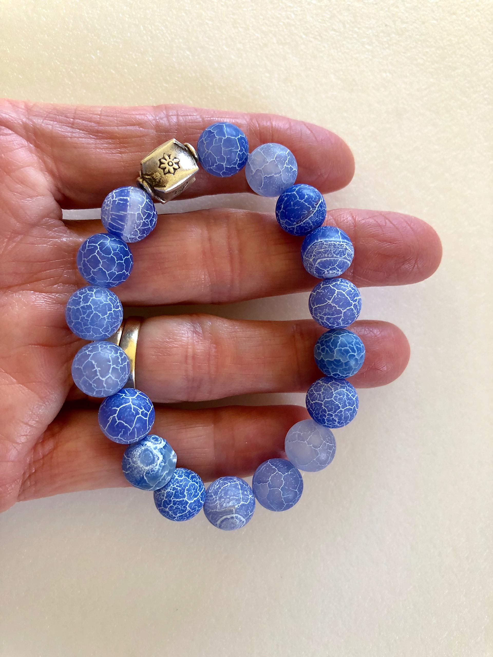 Blue Crackle Agate Stretch Bracelet with Sapphire Gemstones & Karen Hill Tribe Silver - Boho Flower Beaded Healing Crystal Jewelry for Meditation, Yoga & Spiritual Wellness