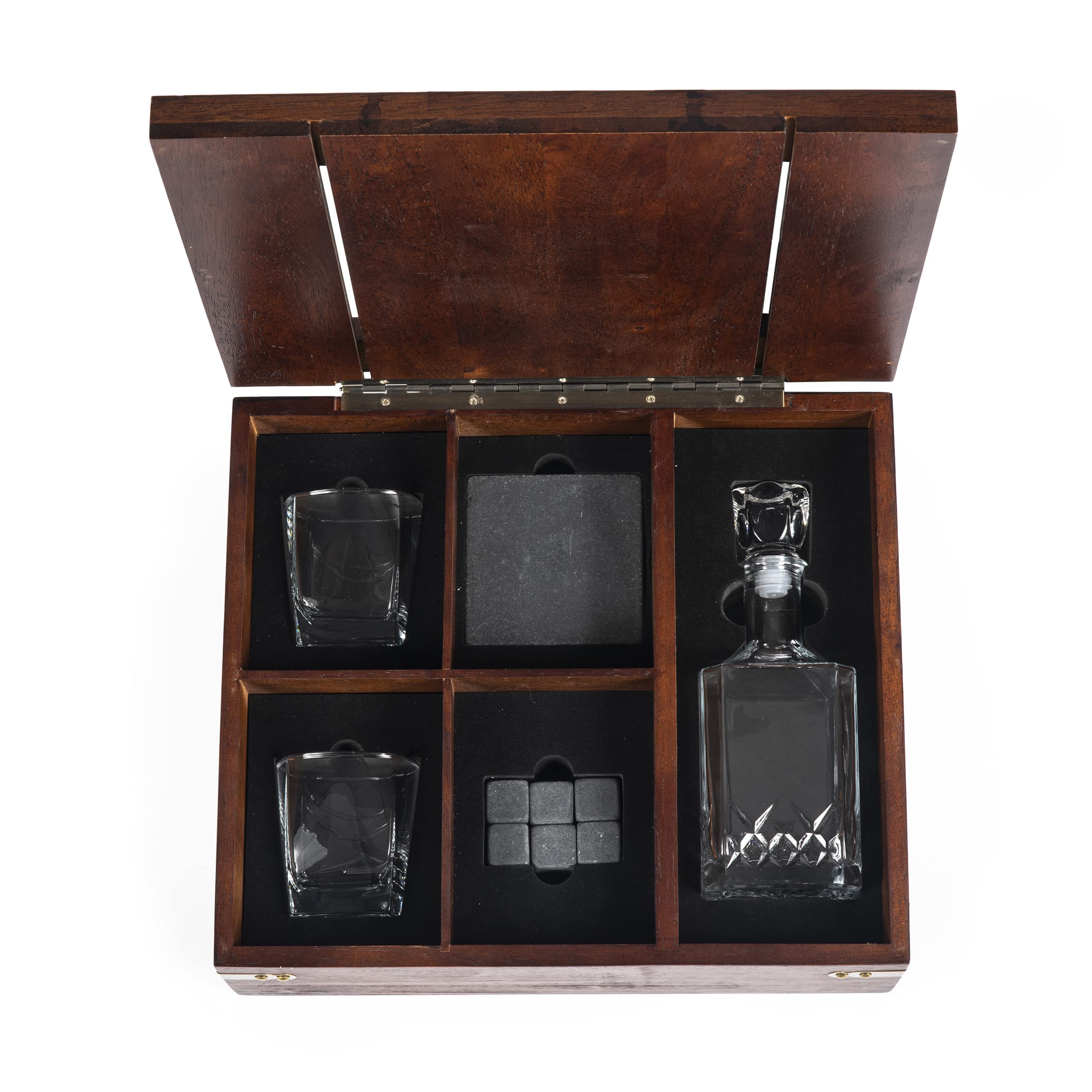 PICNIC TIME Whiskey Gift Set with Wooden Box & Glass Decanter - 14.8