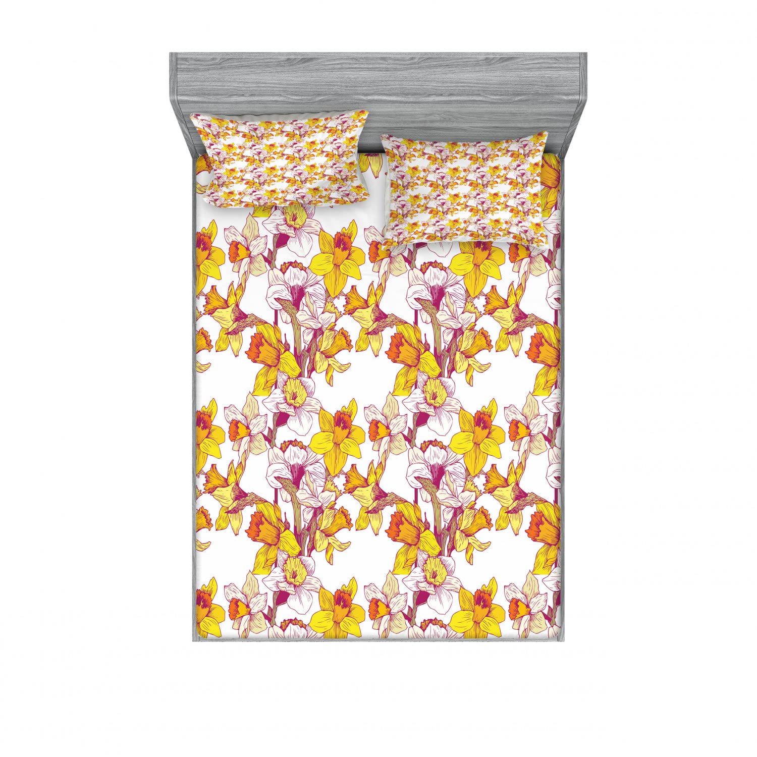 Ambesonne Floral 2-Piece Queen Fitted Sheet & 4 Pillow Sham Set - Spring Romance Flower Pattern Bedding Decor for Master Bedroom, Guest Room, or Vacation Home - Multicolor Soft Microfiber Sheets for Comfortable Sleep