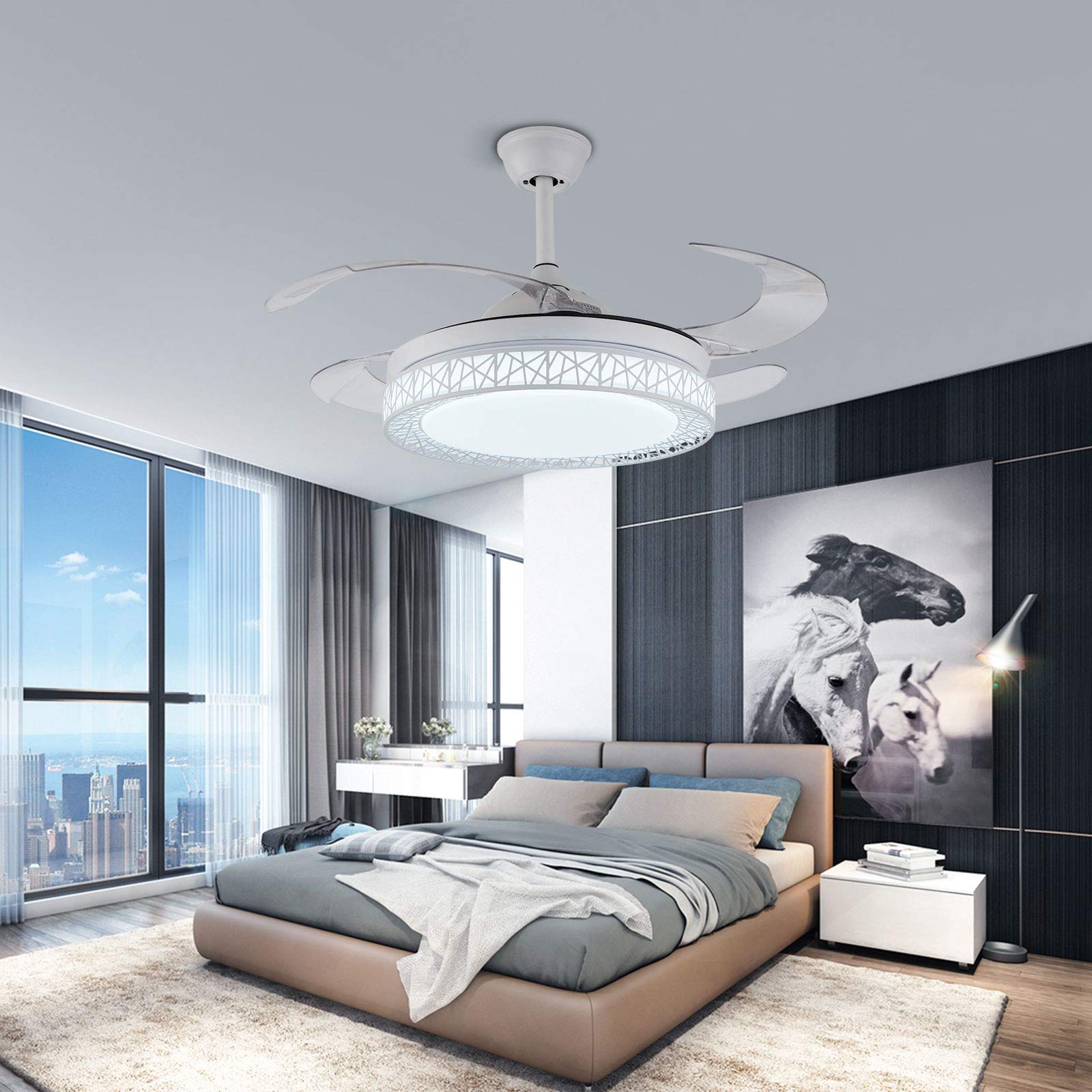 42 Inch Modern Ceiling Fan with Lights - 3 Color Changing LED & 3 Speed Settings, Retractable 4-Blade Dimmable Chandelier Fan with Remote Control (White) - Perfect for Living Room, Bedroom, and Dining Room