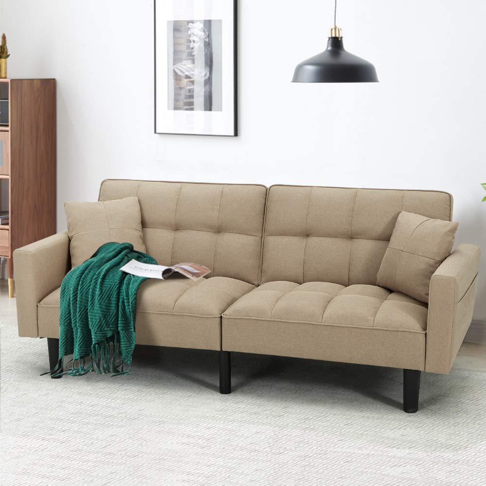 HOMHUM Convertible Sleeper Sofa Bed - Modern Linen Fabric Couch Bed Futon with 2 Pillows | Space-Saving Furniture for Small Apartments, Living Rooms & Guest Rooms | Gentle Khaki Home Decor
