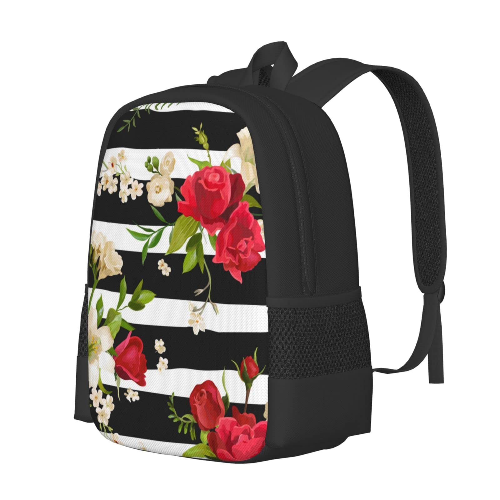 Lightweight Anti-Theft Laptop Backpack for College, High School & Travel - Black, White Stripes & Red Rose Floral Design - Perfect for Men, Women & Teens - Great for School, Hiking, Picnics & Daily Commute