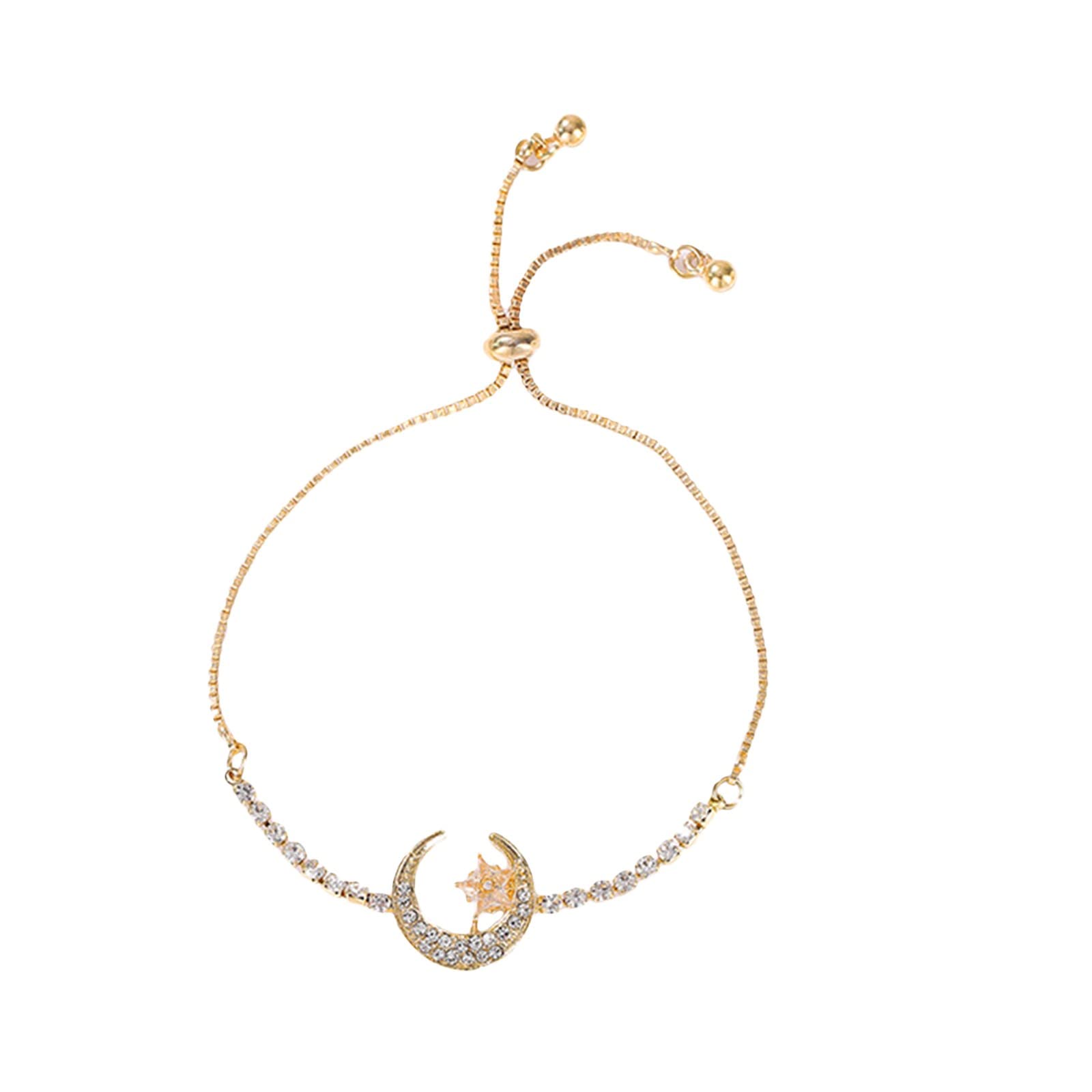 14K Gold Plated Star Moon Bracelet for Women - Adjustable Rhinestone & Zirconia Crystal Bracelet with Pearl Necklace Set (Gold, One Size) | Perfect for Parties, Weddings & Everyday Elegant Jewelry