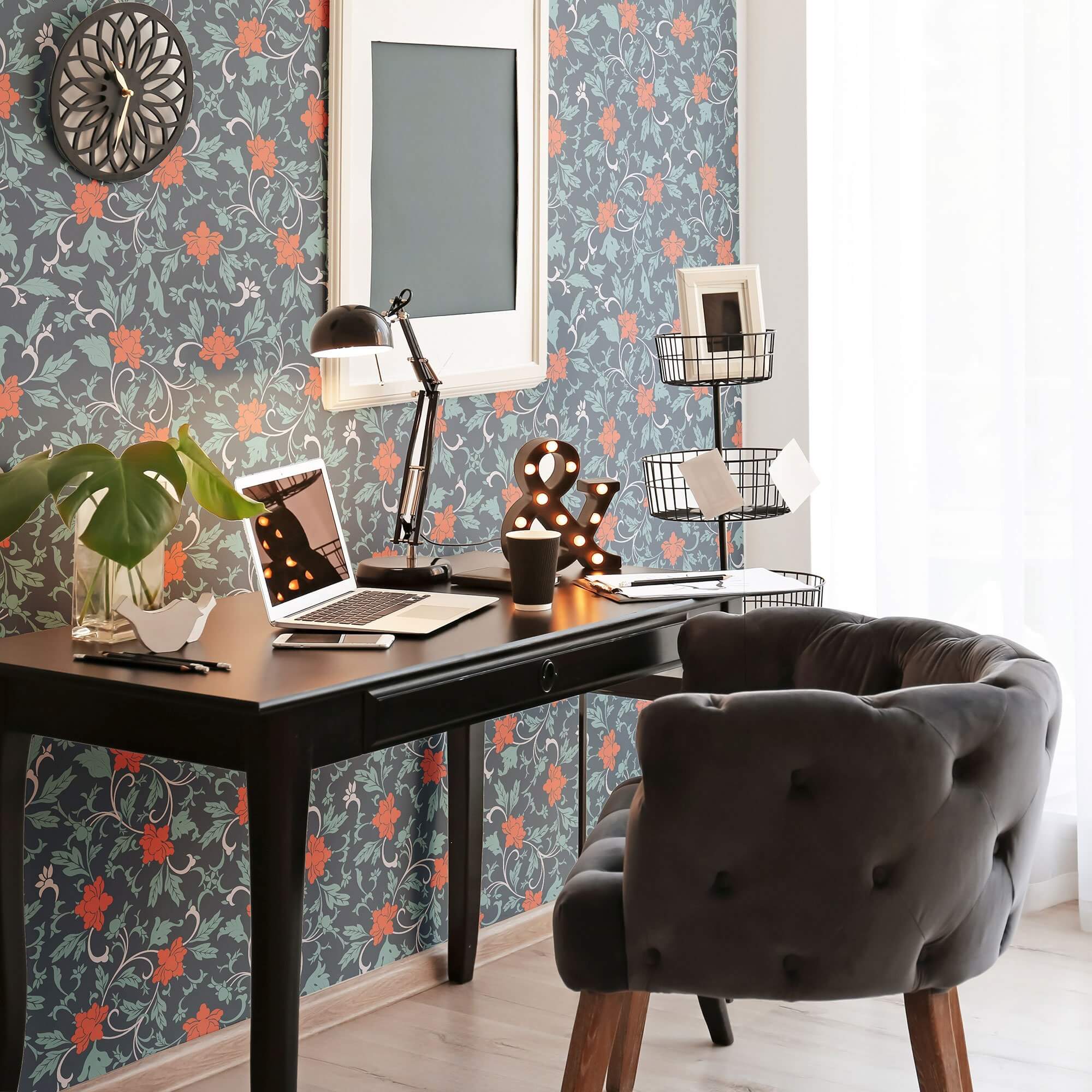 Dark Blue Baroque Floral Peel and Stick Removable Wallpaper - Self-Adhesive Decorative Wall Covering for Bedroom, Living Room, Office & Home Decor