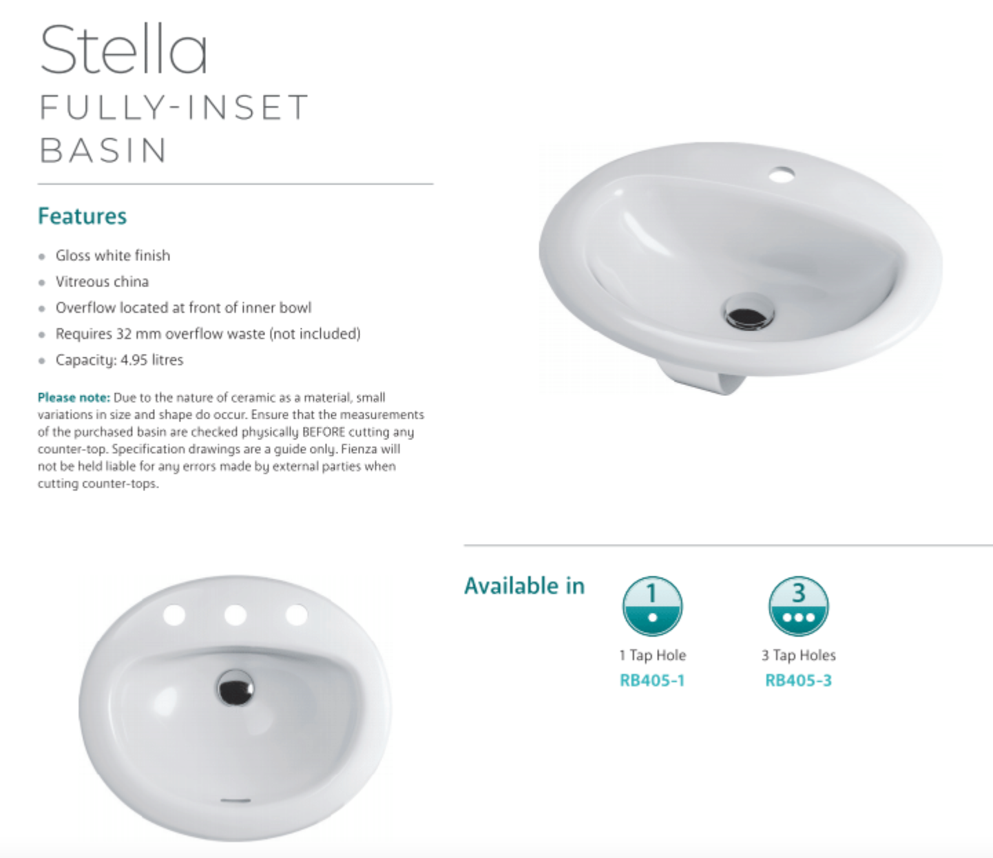 Fienza RB405 3 Stella Inset Basin with 3 Tap Holes - White Porcelain Bathroom Sink for Modern Vanity & Powder Room Installation