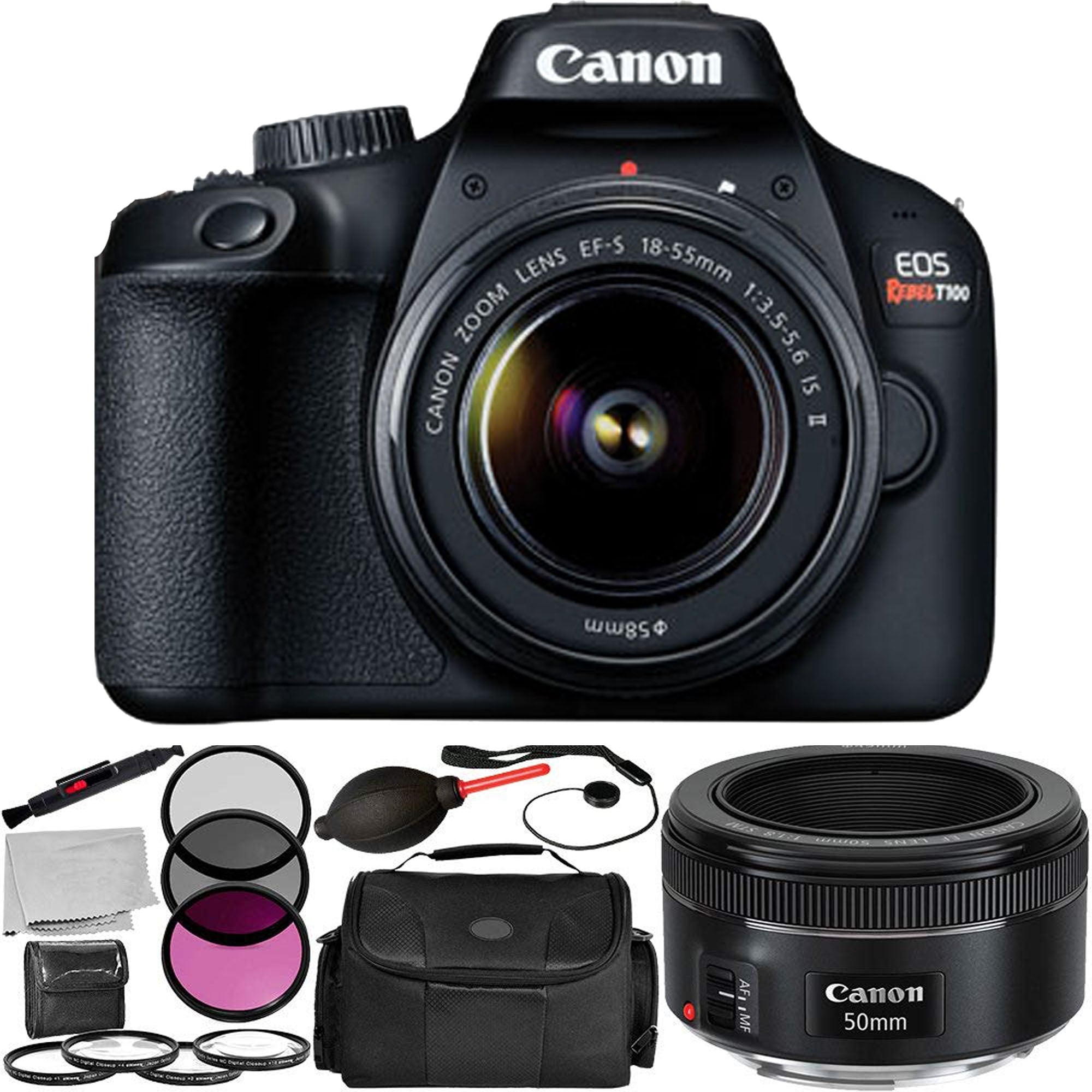 Canon EOS T100/4000D DSLR Camera with EF-S 18-55mm f/3.5-5.6 IS II Lens & 50mm f/1.8 STM Lens | 3PC Filter Kit & 4PC Macro Filter Set Included | Perfect for Portrait, Landscape & Travel Photography