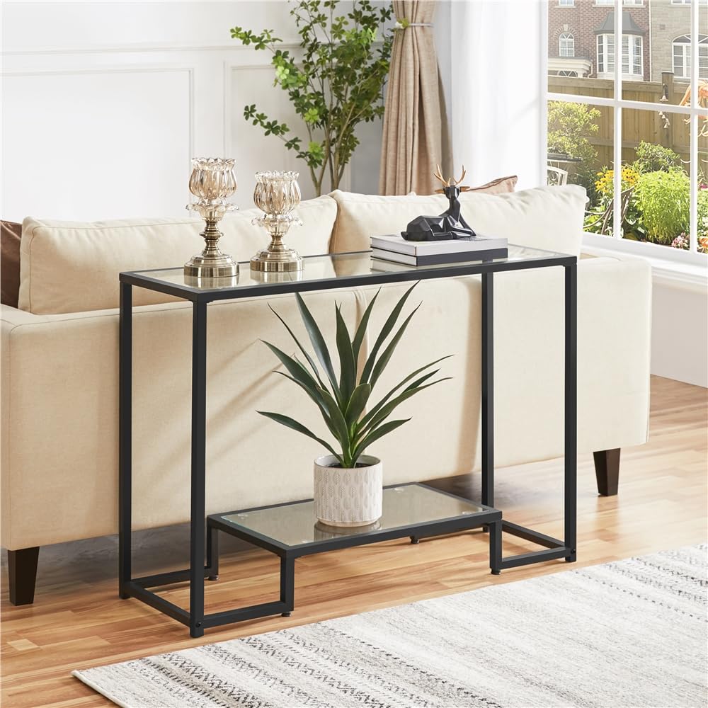 Yaheetech 42 Inch Modern Console Table with Tempered Glass Top & 2-Tier Storage Shelves - Entryway Sofa Table for Hallway, Living Room, Bedroom - Sturdy Black Design for Home Decor & Organization
