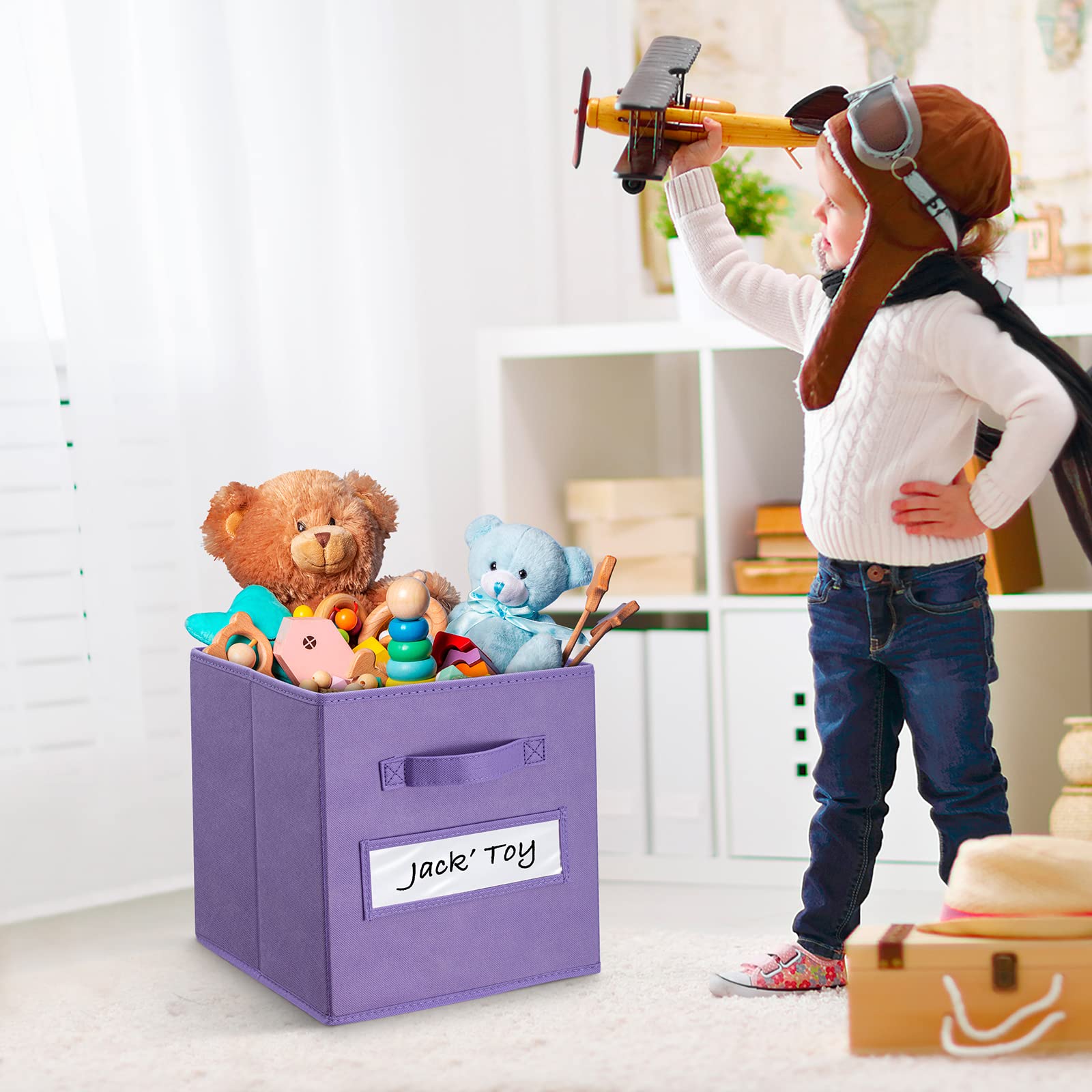 11 Inch Foldable Fabric Storage Cubes (Set of 10) - Purple Closet Organizers with Labels & Pen - Perfect for Shelves, Toy Storage & Home Organization Bins