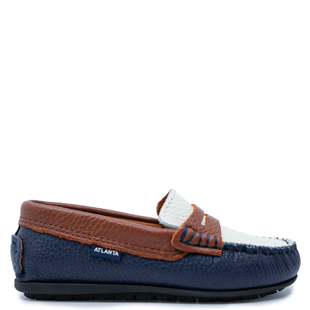 Atlanta Moccasin Penny Loafers for Men - Blue, White & Brown Leather Slip-On Shoes | Comfortable Casual & Office Wear