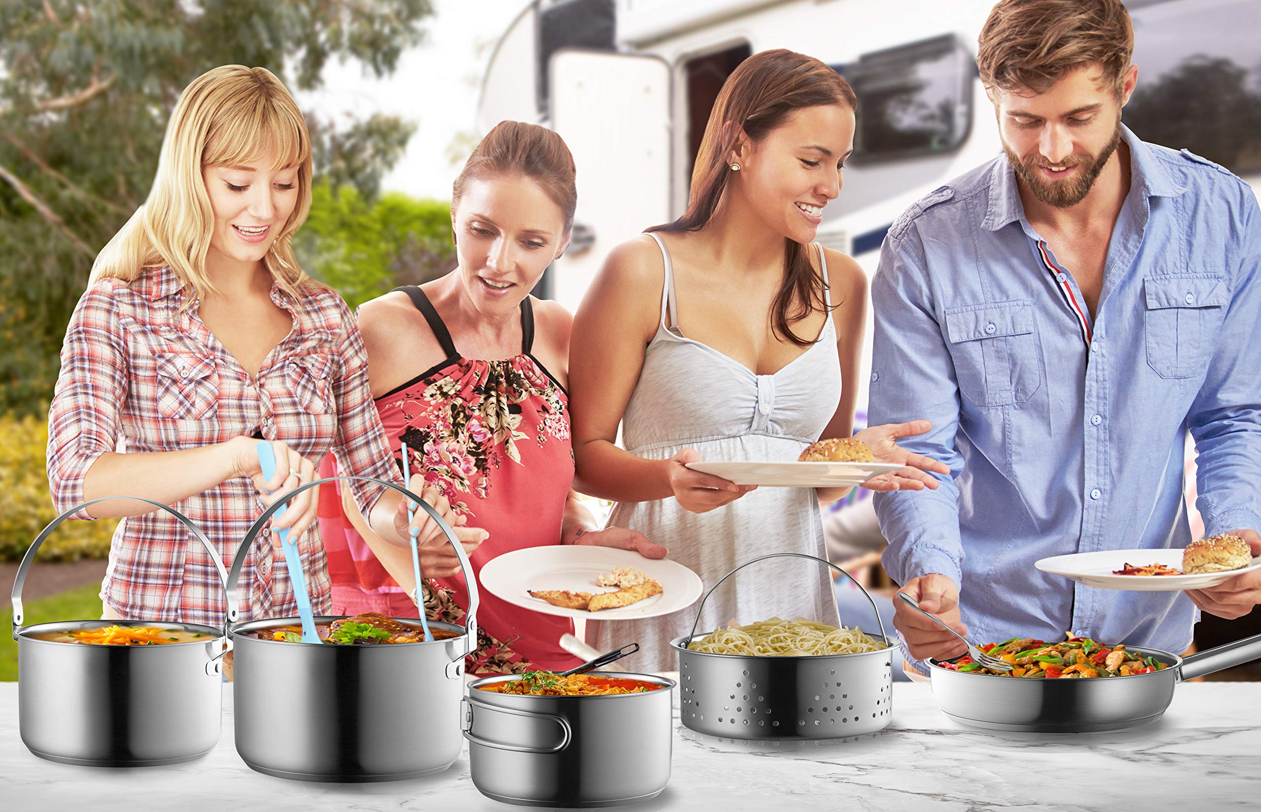 Premium 8-Piece Camping Cookware Set - 304 Stainless Steel Pots & Pans for Open Fire Cooking | Compact Outdoor Cooking Kit with Frying Pan, Steamer & Travel Tote Bag | Perfect for Camping, Hiking, RV Trips & Family Outdoor Adventures