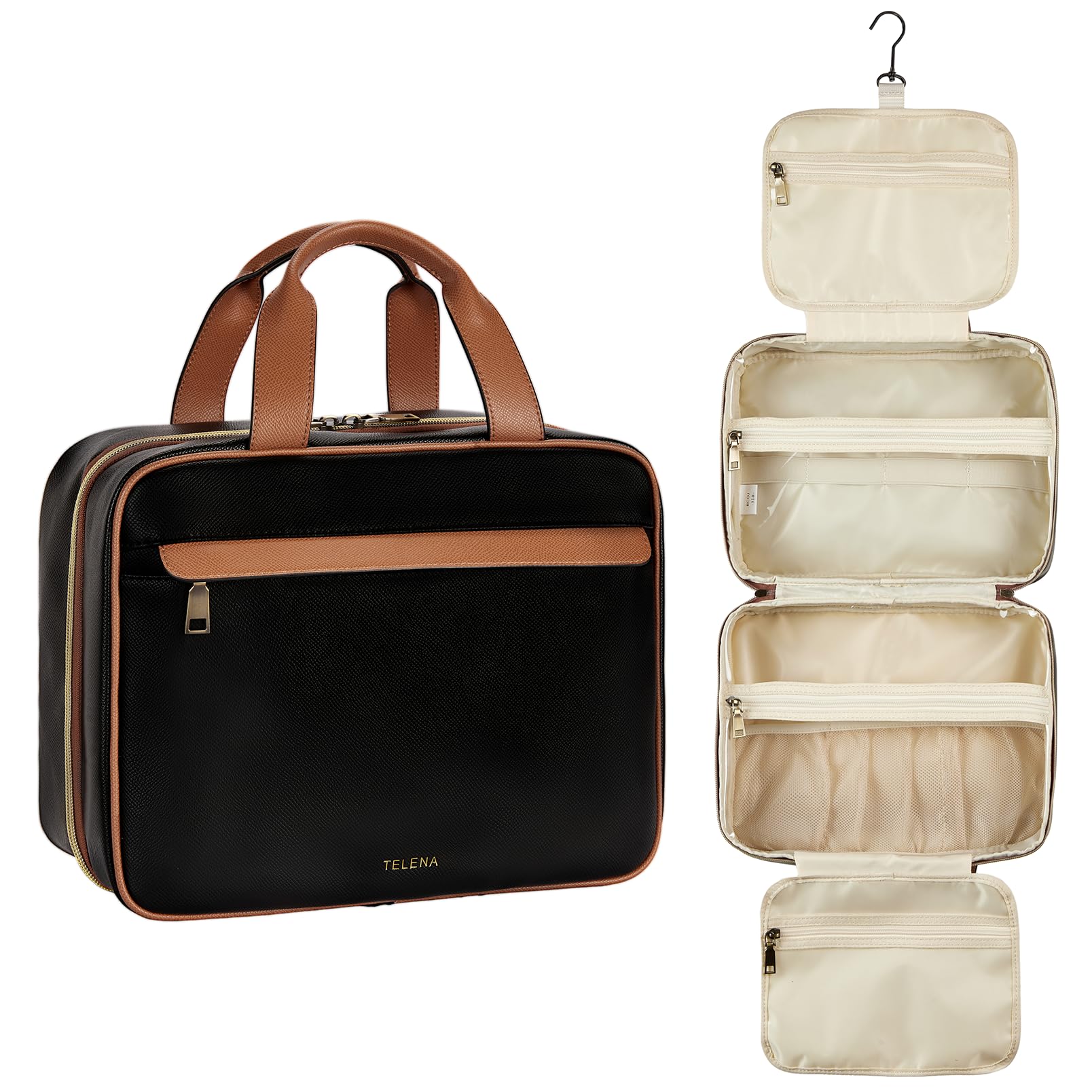 Telena Hanging Travel Toiletry Bag for Women - Waterproof Cosmetic Organizer with Hook for Toiletries, Makeup, Shampoo - Perfect for Airplane, Gym, Camping & Business Trips