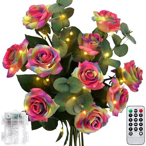 Rainbow Rose Bouquet With Led String Lights