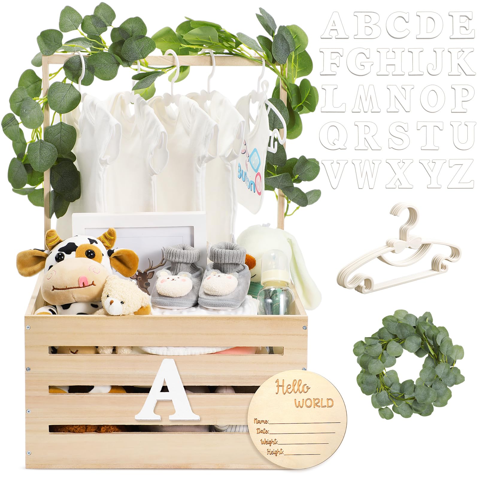 Barydat Wooden Baby Shower Crate with Handle - Baby Announcement Sign Garland Hangers & Large Letters - Perfect for Pregnancy Announcements, New Parent Parties & Nursery Decor (Beige) | Ideal for Baby Showers, Gender Reveals & Nursery Organization