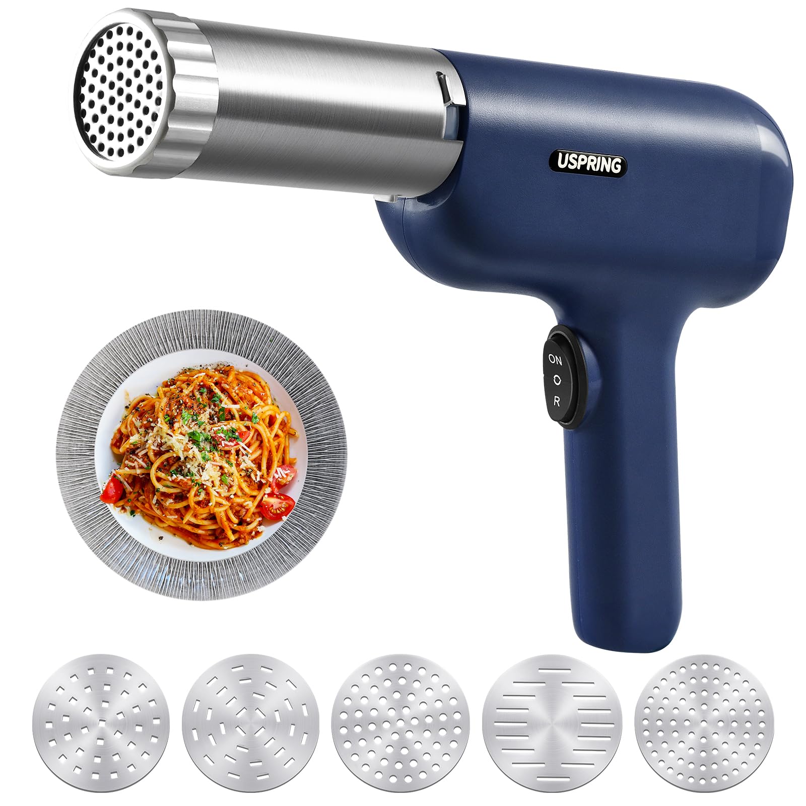 Uspring 5-in-1 Cordless Electric Pasta Maker Machine - Handheld Automatic Noodle Press with Dough Cutter for Homemade Spaghetti, Fettuccine & More - Perfect for Kitchen, Camping & Small Space Cooking (Blue)