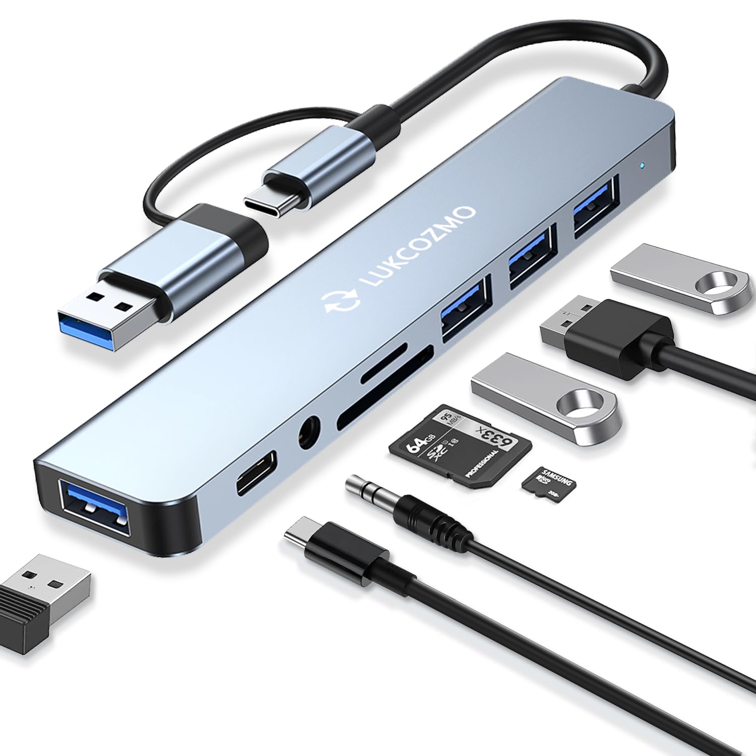 7-in-1 USB C Hub with 4 USB Ports, USB-C Port, TF/SD Card Reader & Audio Output - Compatible with MacBook, iPad Pro, Dell, HP Laptops & Phones - Perfect for Office Work, Travel & Home Use