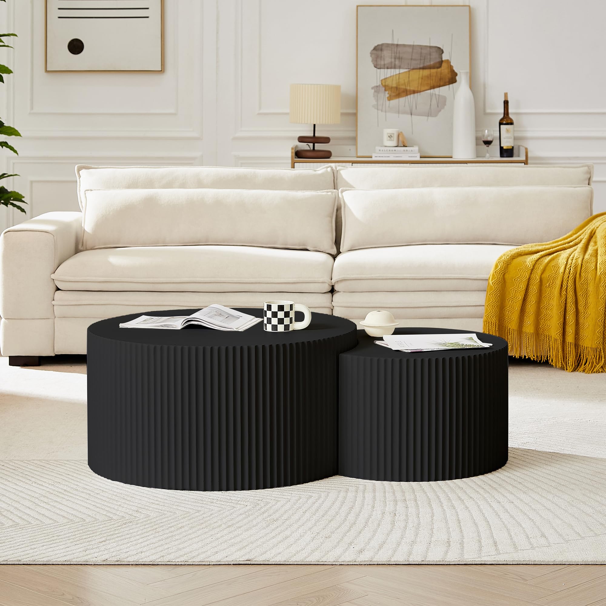 JUSTONE 2-Piece Nesting Coffee Table Set - Modern Matte Black Round Drum Side Tables for Living Room, Apartment, Bedroom - Space-Saving End Tables for Small Spaces & Home Decor (Black) | Perfect for Coffee, Books & Living Room Essentials