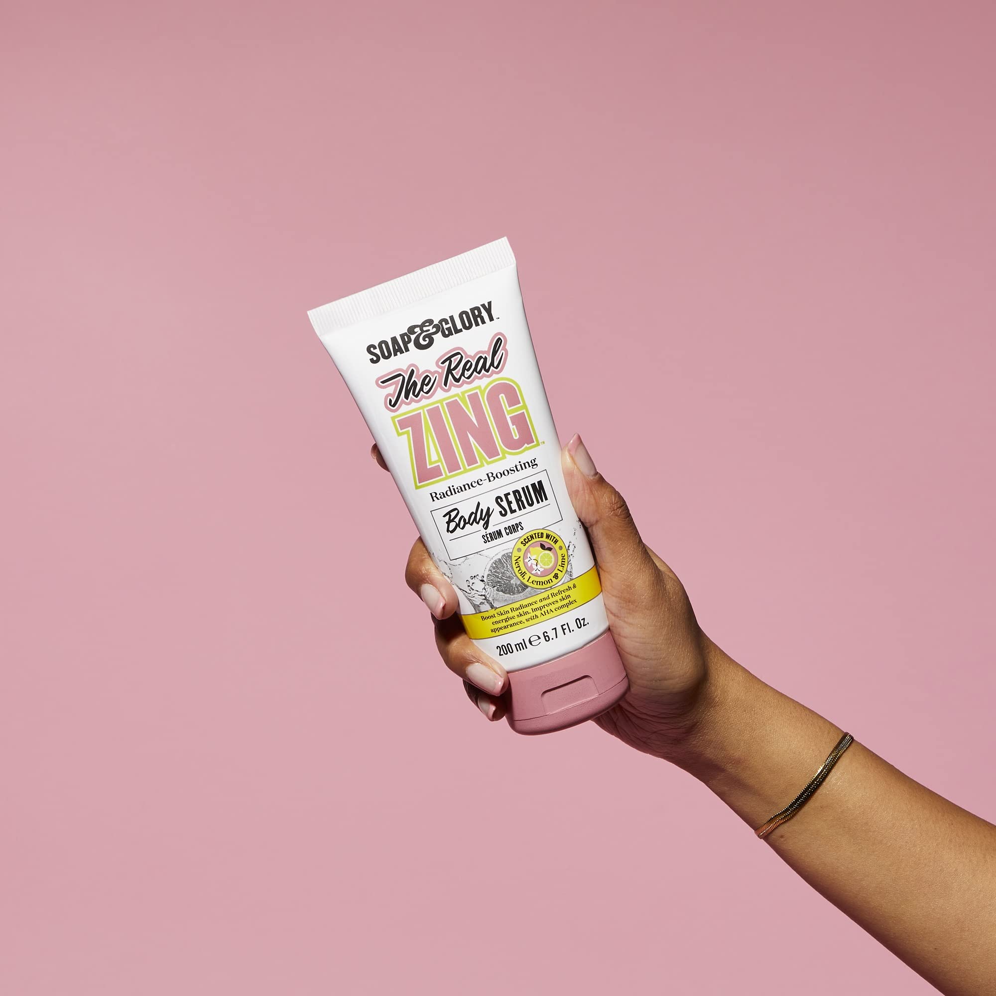 Soap & Glory The Real Zing Body Serum - AHA Fruit Complex Radiance Boosting Moisturizer for Dry Skin | Skin Brightening & Hydrating Body Lotion with Citrus Scent | Perfect for Daily Use, Post-Shower Hydration & Summer Skin Care (200ml)