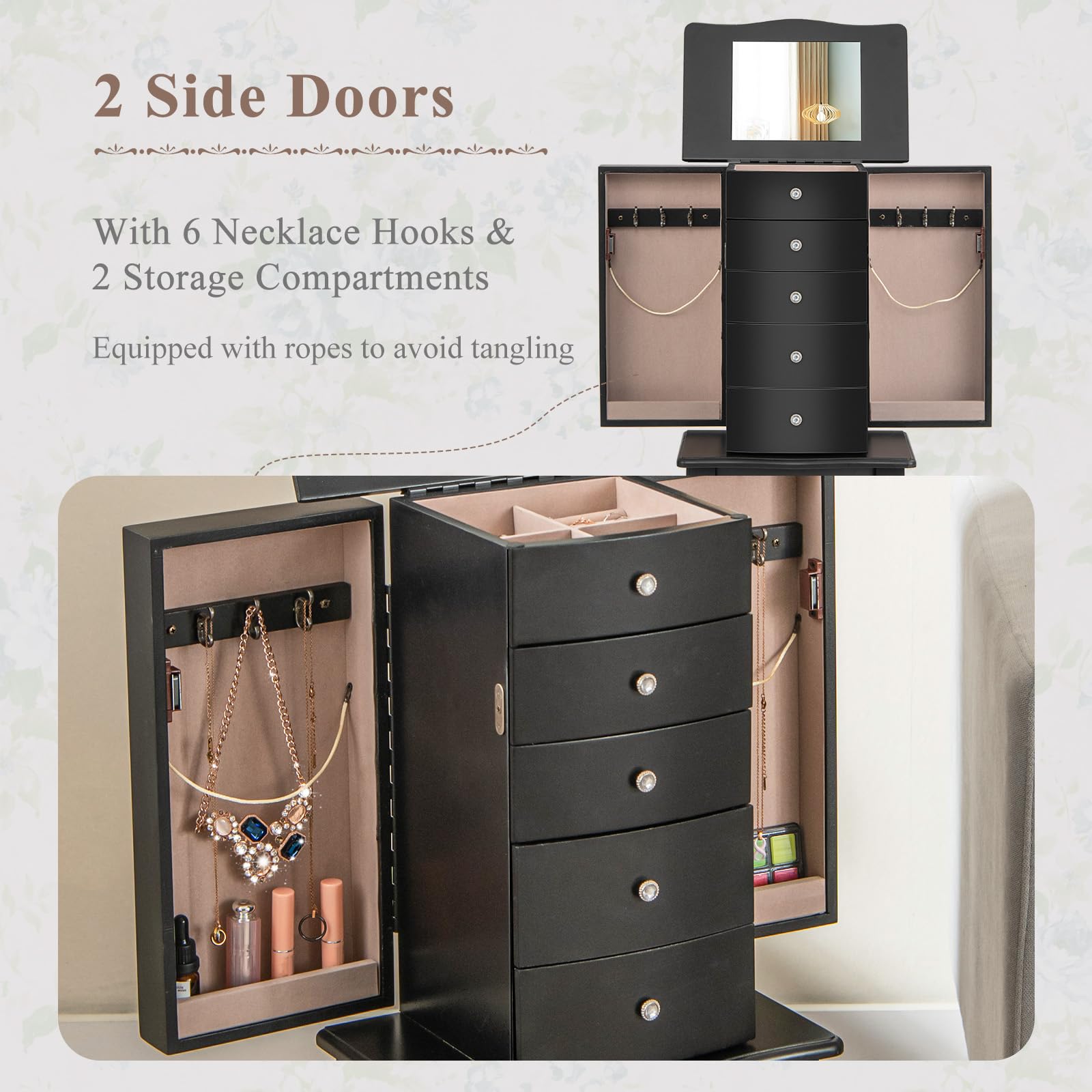 Giantex 4-Drawer Jewelry Cabinet with Flip-Up Mirror & Storage Tray - Jewelry Armoire Organizer with Ring Slots, Necklace Hooks & Side Doors - Black Standing Jewelry Chest for Bedroom, Closet & Dressing Room