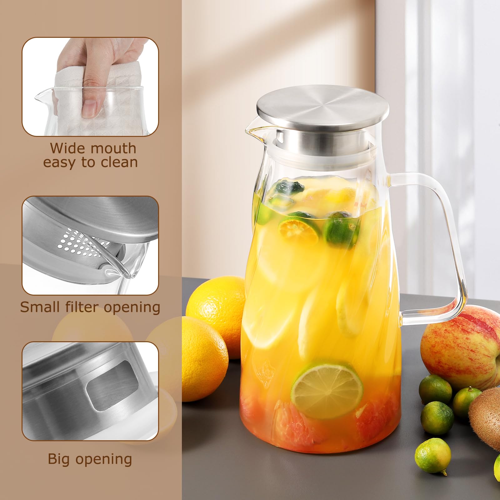 VEVOK CHEF 57 oz Glass Pitcher with Lid - 1.7L Iced Tea & Sun Tea Pitcher - BPA-Free Beverage Carafe for Hot/Cold Drinks, Juice, Milk, Water - Perfect for Refrigerator, Parties, and Outdoor Gatherings