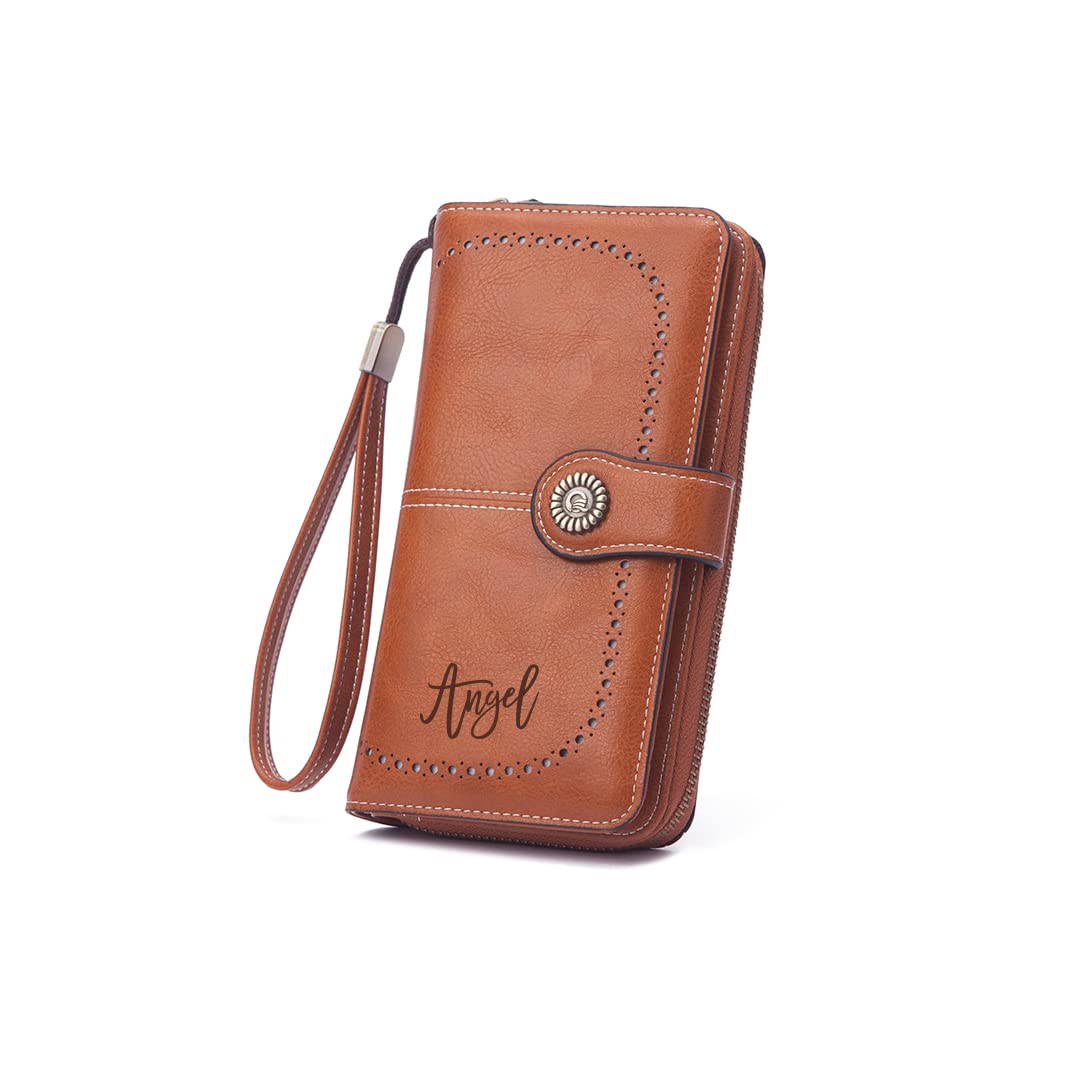 Personalized Long Leather Wallets for Women - Custom Bifold Phone Wallet with Card Slots & Money Organizer - Ladies RFID Blocking Wallet (Brown) | Perfect Gift for Mother's Day, Travel & Everyday Use