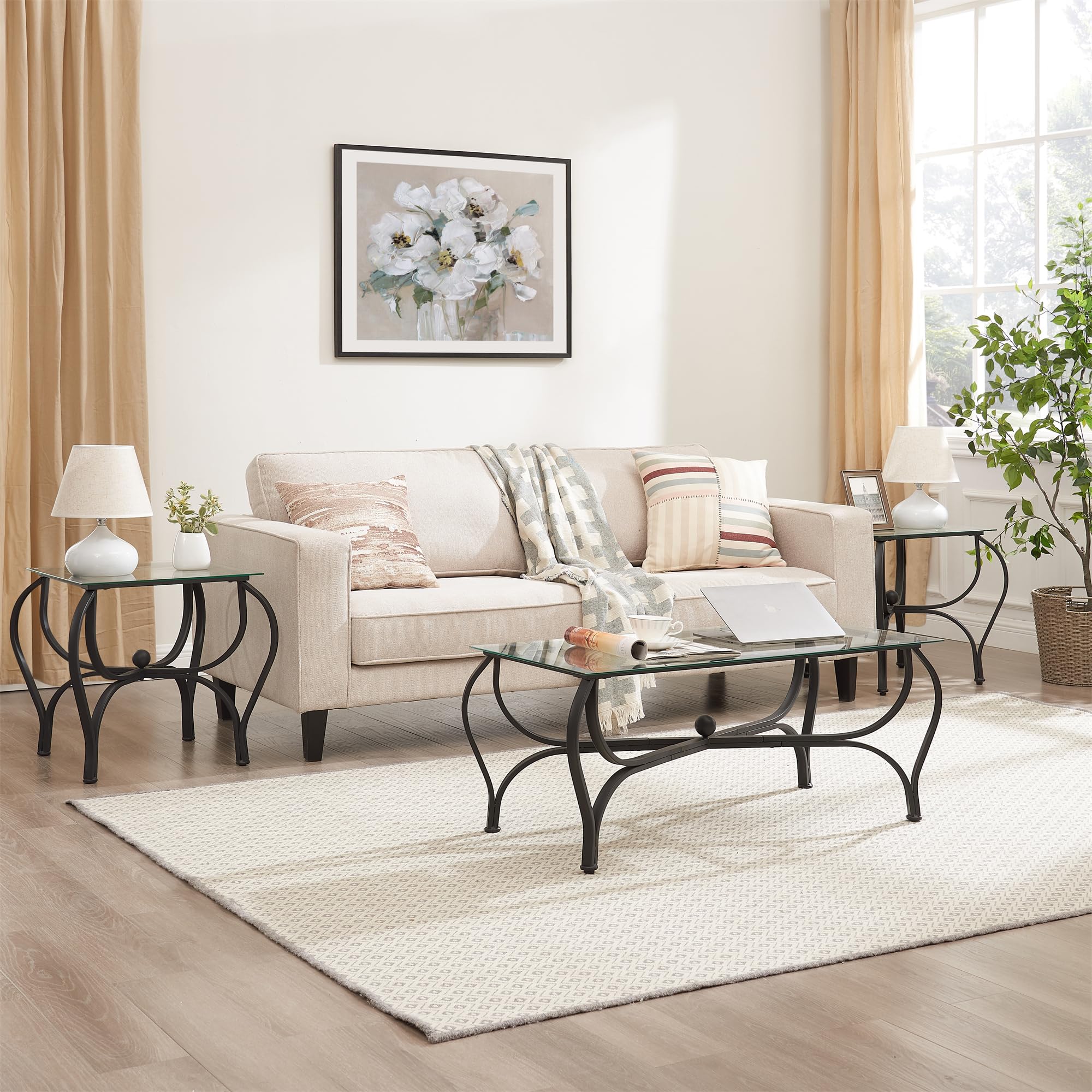 3-Piece Tempered Glass Coffee Table Set - Industrial Farmhouse Rectangle Coffee Table with 2 Square End Tables, Modern Metal Frame Living Room Furniture for Apartment & Home Office | Perfect for Small Spaces, Entertaining Guests & Cozy Home Decor