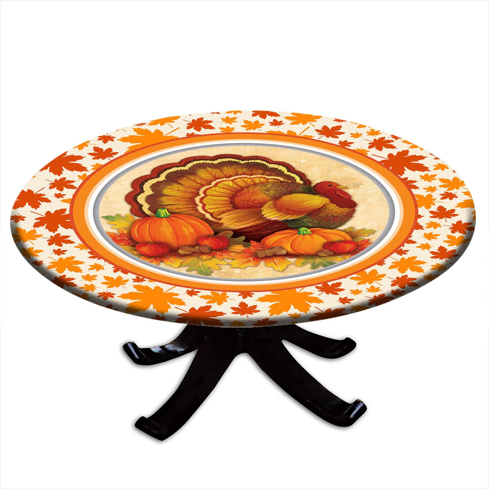 Elastic Edge Round Tablecloth - Thanksgiving Autumn Polyester Table Cover for Indoor & Outdoor Dinner Party, Patio Decor Fits 24