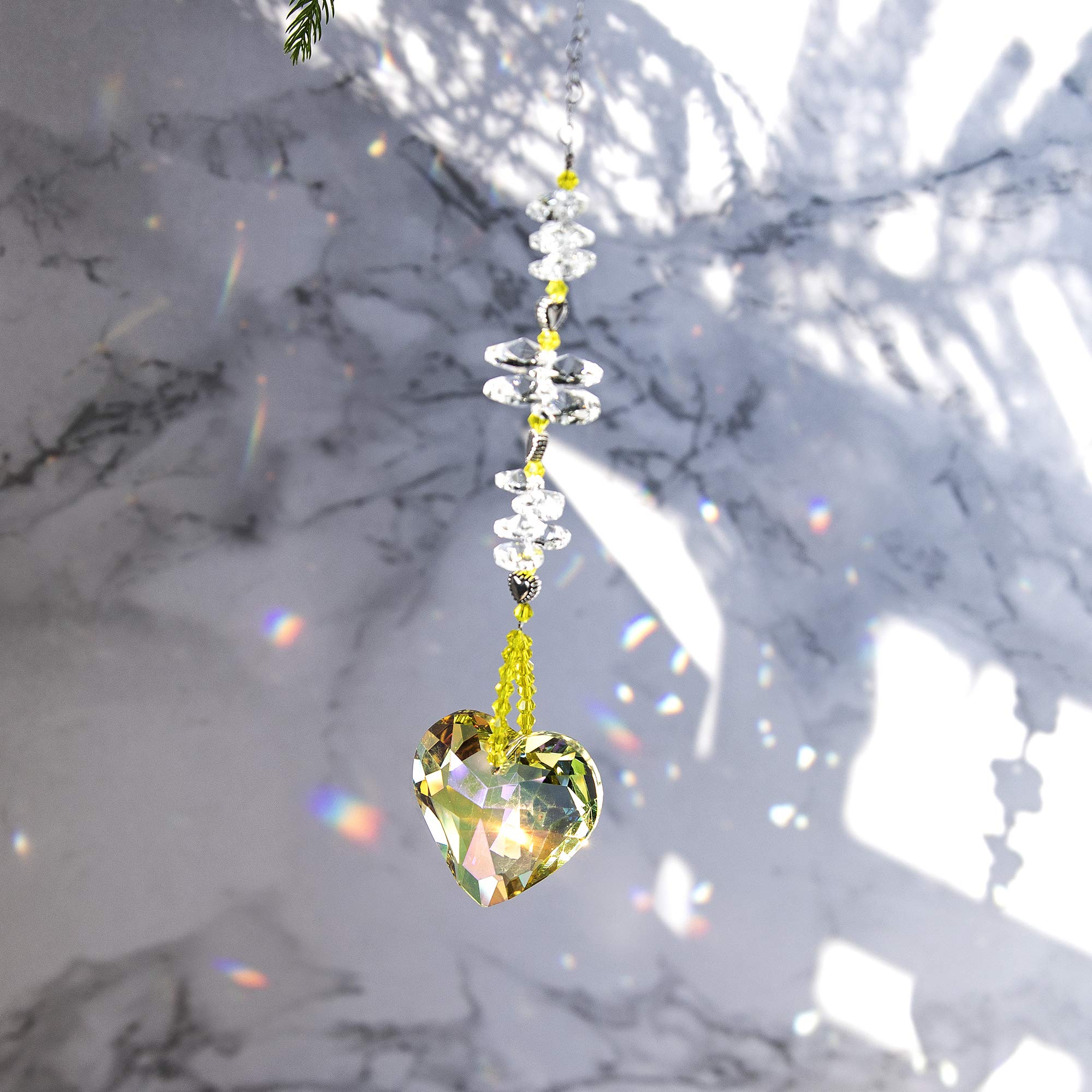45mm Yellow Heart Crystal Suncatcher - Handmade Rainbow Maker Prism for Windows, Outdoor & Indoor Hanging Decor - Perfect for Home, Garden, Nursery & Meditation Spaces