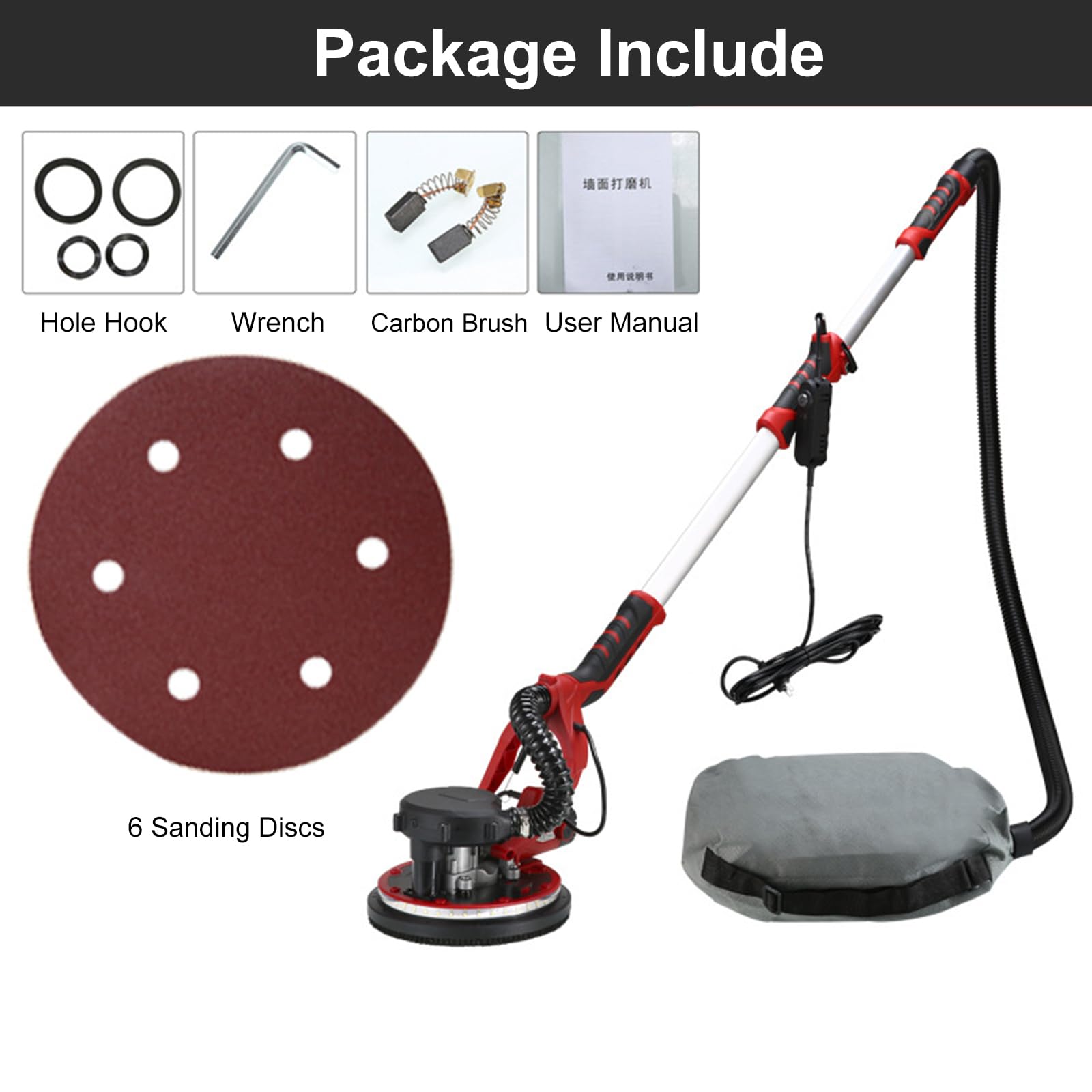 HYCHIKA 1250W Electric Drywall Sander with Vacuum System, Dual LED Lights & Extendable Handle - Includes 6 Sanding Discs & Dust Collection Bag - Perfect for Home Renovation, Wall Smoothing & Professional Drywall Finishing