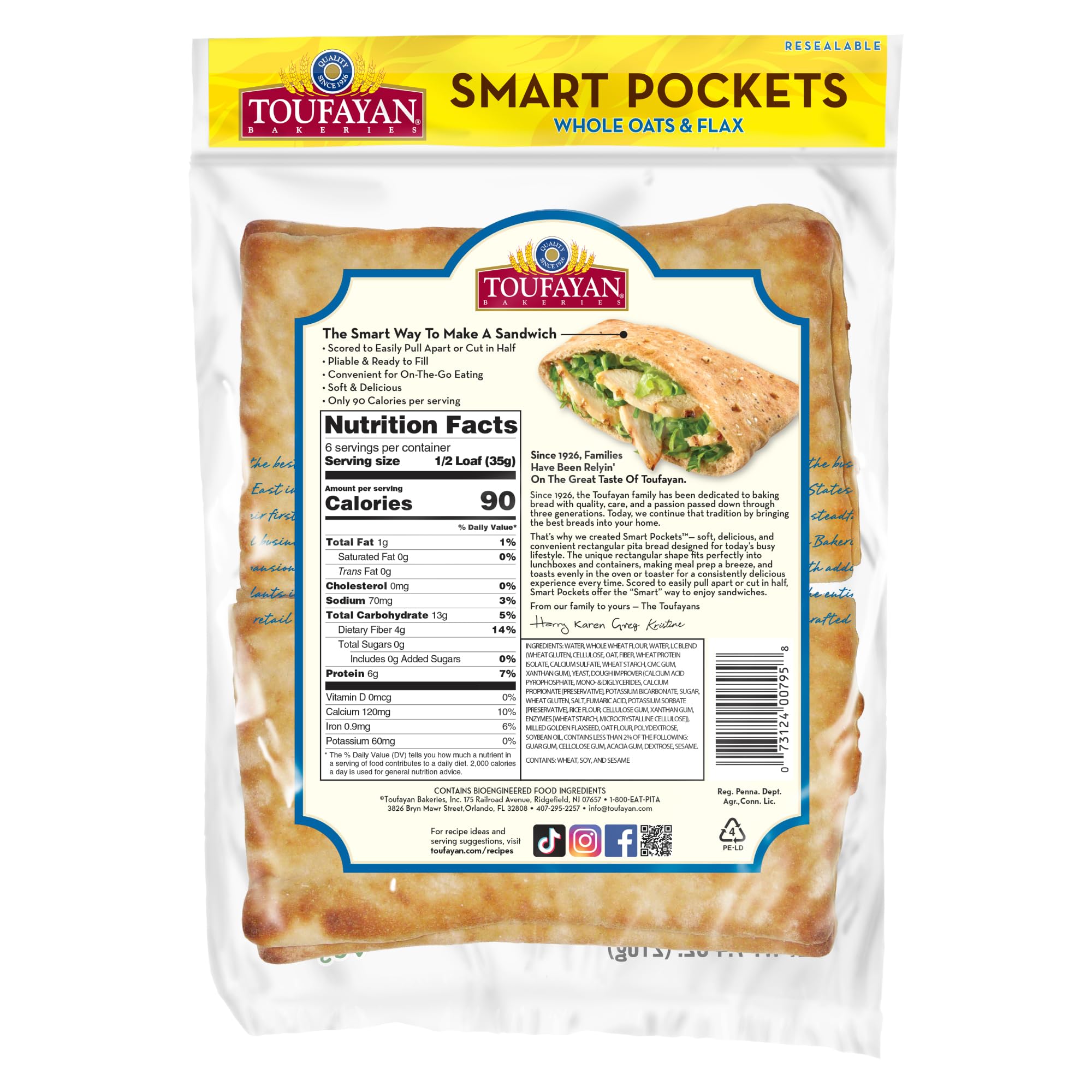 Toufayan Smart Carb Smart Pockets Pita Bread - Vegan, Low Carb, Keto Friendly (3 Pack, 18 Pitas) | Perfect for Sandwiches, Wraps & Healthy Meal Prep