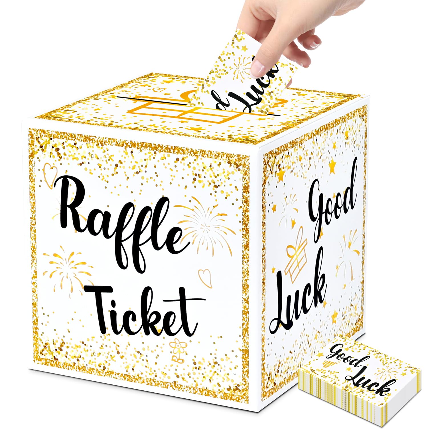 SIETDESEO Gold Raffle Box with Tickets - Donation, Ballot & Suggestion Box for Parties, Weddings, Birthdays & Baby Showers - Perfect for Events, Fundraisers & Voting