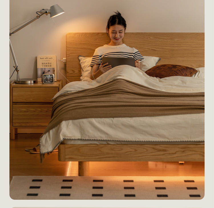 Solid Oak Wood Modern Floating Bed Frame - Queen Size, Sturdy Platform Bed with LED Lights for Bedroom, Living Room, Guest Room
