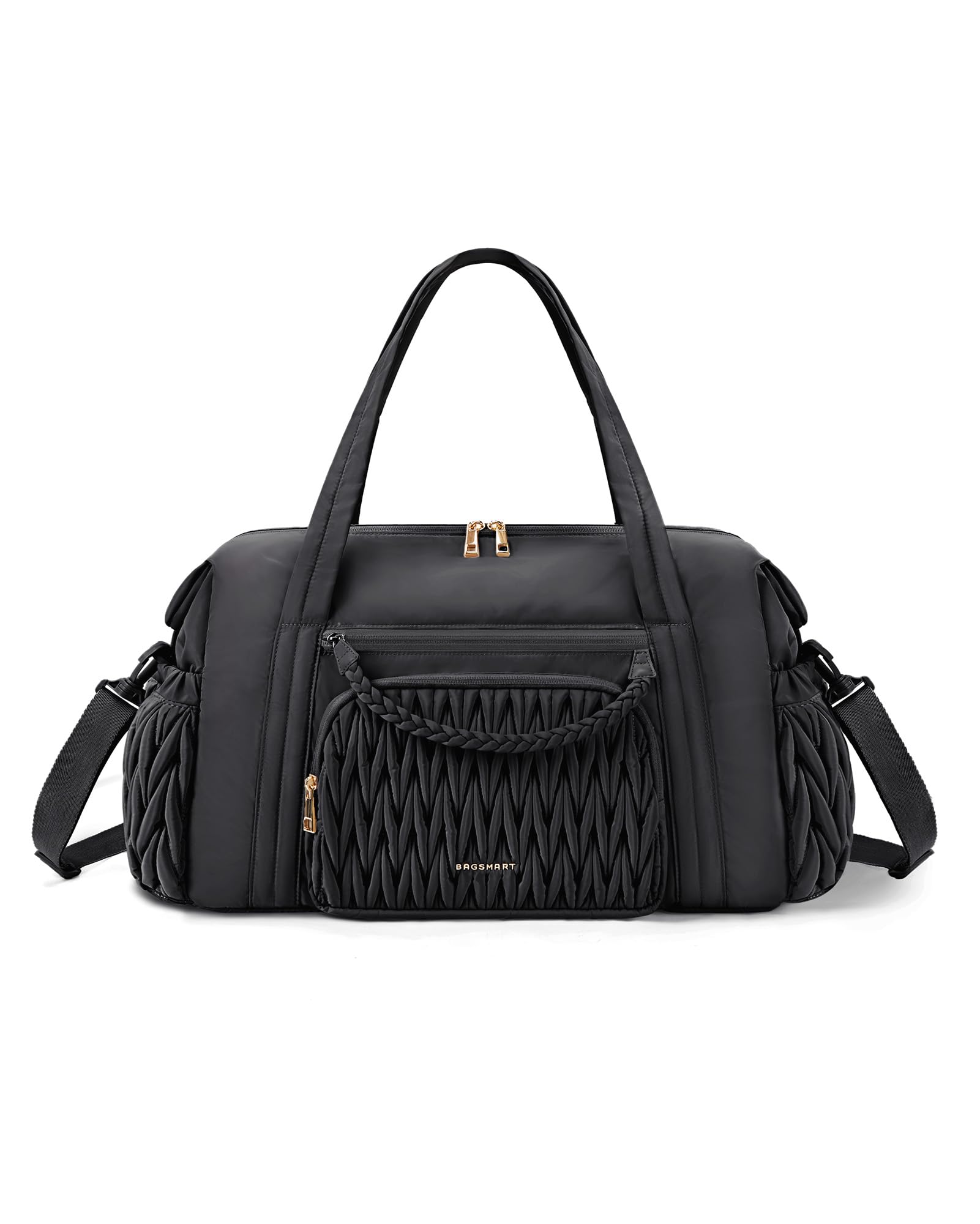 BAGSMART Quilted Duffle Bag for Women - Large Weekender Overnight Gym Travel Carry-On Bag with Pockets, Black | Perfect for Gym, Weekend Getaways & Airplane Travel