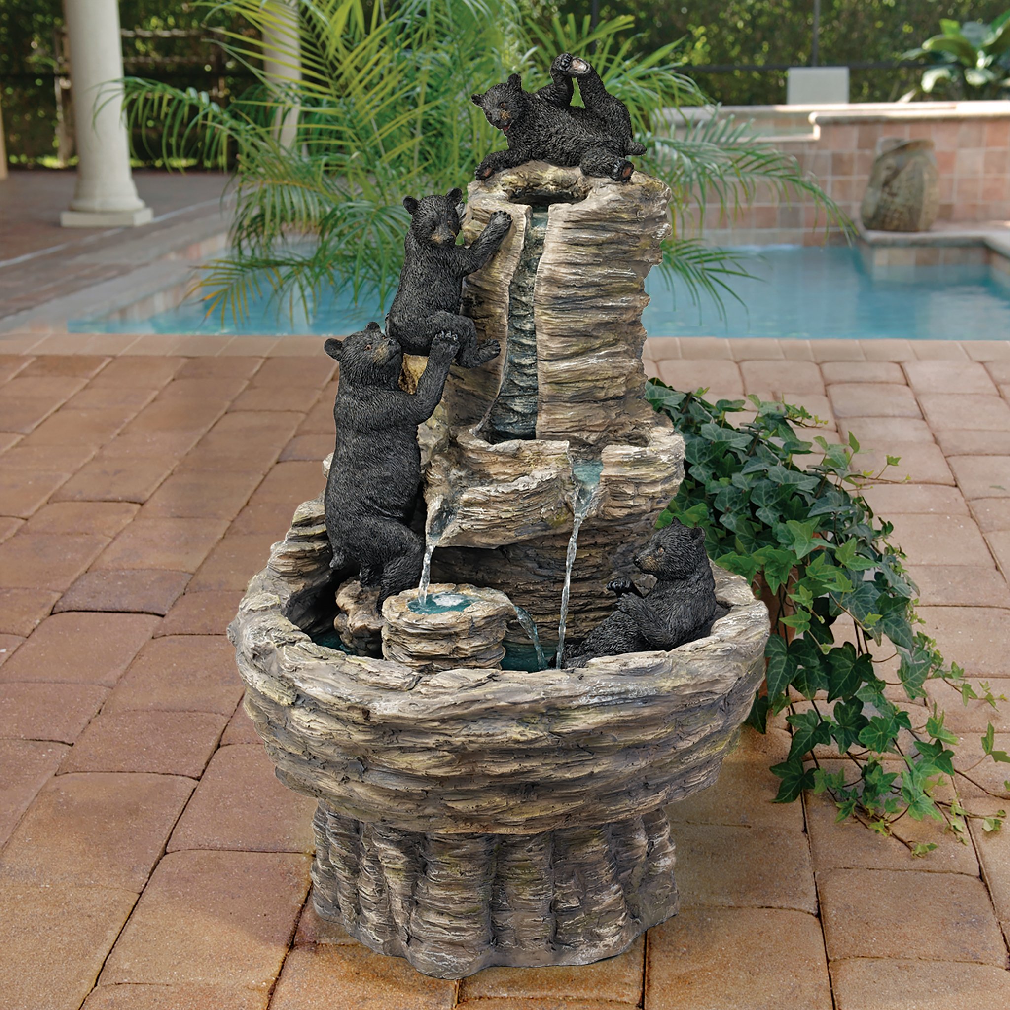 Rocky Mountain Splash Black Bears Outdoor Garden Water Fountain - Natural Stone Decorative Water Feature for Patio, Yard, and Garden Landscaping