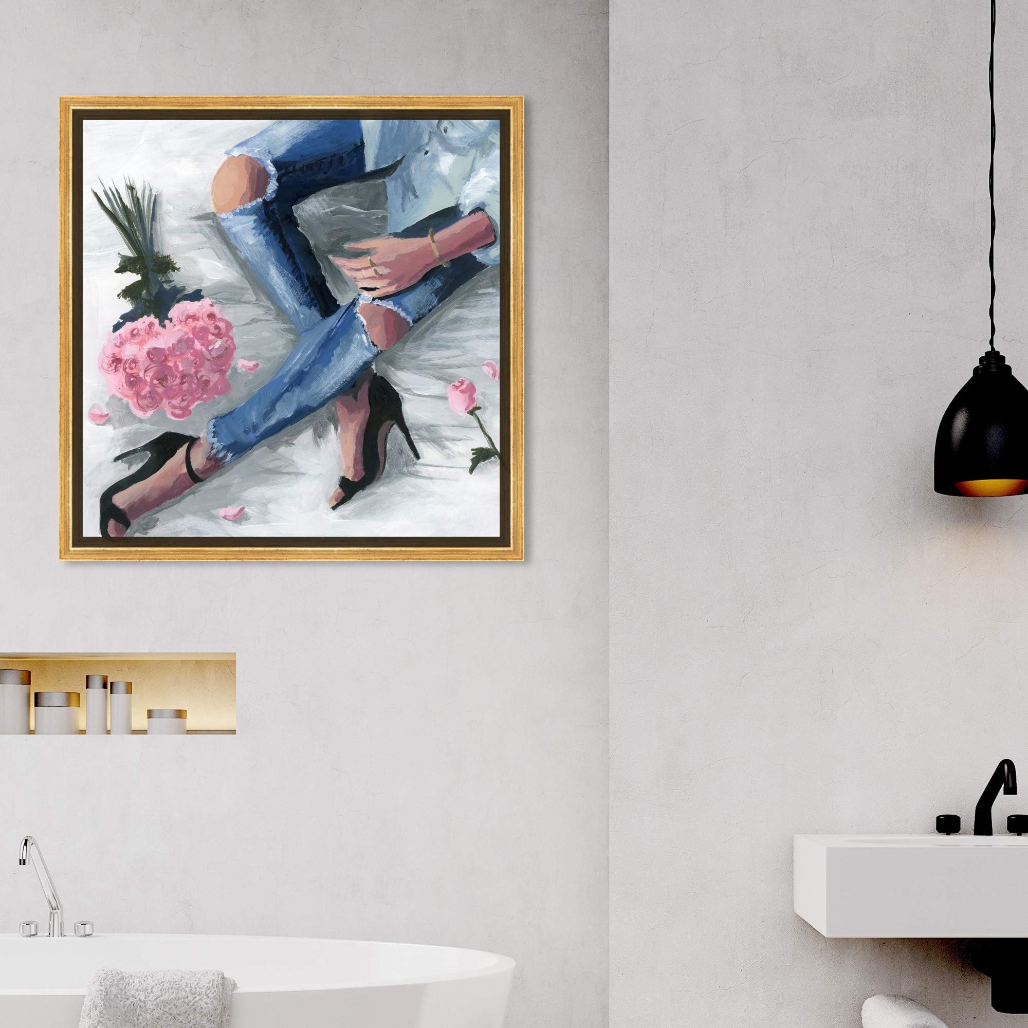 Oliver Gal Artist Co. Fashion & Glam Framed Wall Art Canvas Print - 'Romantic Jeans' Outfits Home Decor - 16x16 Inches - Blue & Pink - Perfect for Living Room, Bedroom & Office Decor