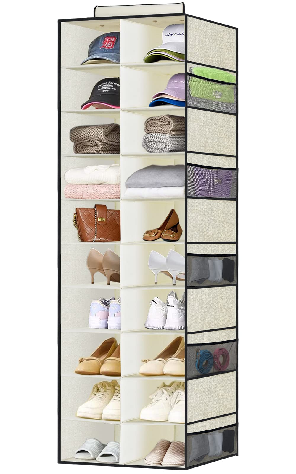 VERONLY 20-Shelf Hanging Shoe Organizer for Closet - Space Saving Shoe Storage Rack with 8 Mesh Pockets - Collapsible Shoe Holder for Shoes, Handbags, Hats, Clothes & Toys - Perfect for Dorm Rooms, College Students & Small Spaces (Beige) | Closet Organization Solution for Bedrooms & Entryways