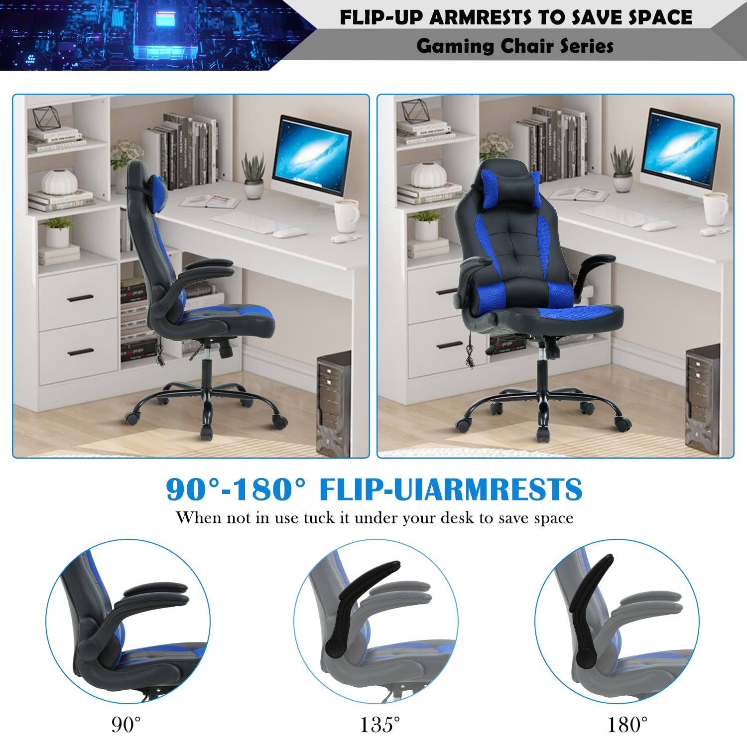 Ergonomic Racing Gaming Chair for Adults - High Back PU Leather Computer Desk Chair with Thickened Lumbar Support & Adjustable Flip-Up Arms - Perfect for Home Office, Gaming Setup & Workstation Use