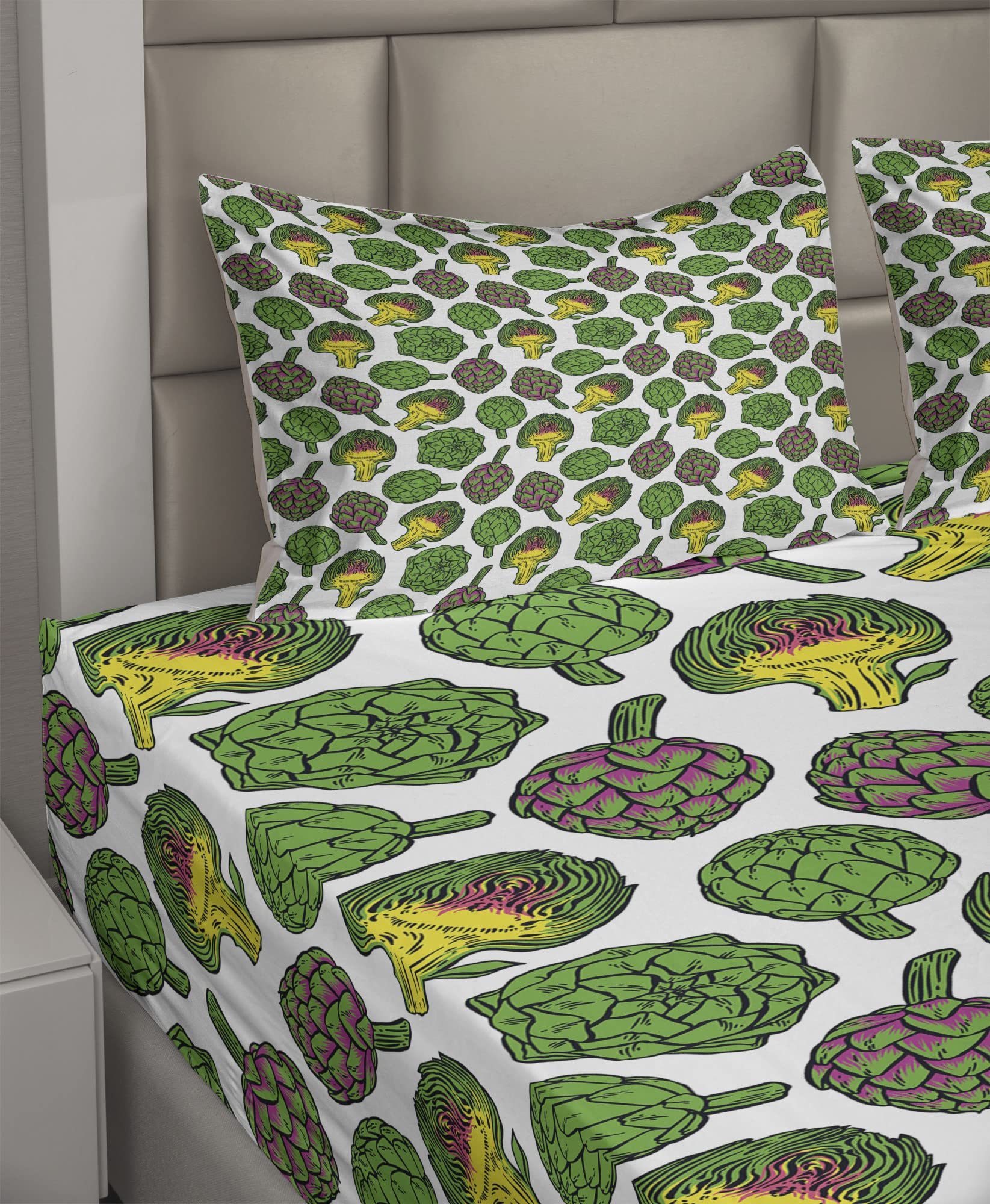 Ambesonne Artichoke 4-Piece King Size Sheet Set - Vivid Yellow & Fern Green Artichoke Print, Fitted & Flat Sheets with Pillowcases | Vegan-Friendly Cooking & Grocery Themed Bedding | Perfect for Farmhouse, Kitchen-Themed, or Vegan Lifestyle Home Decor