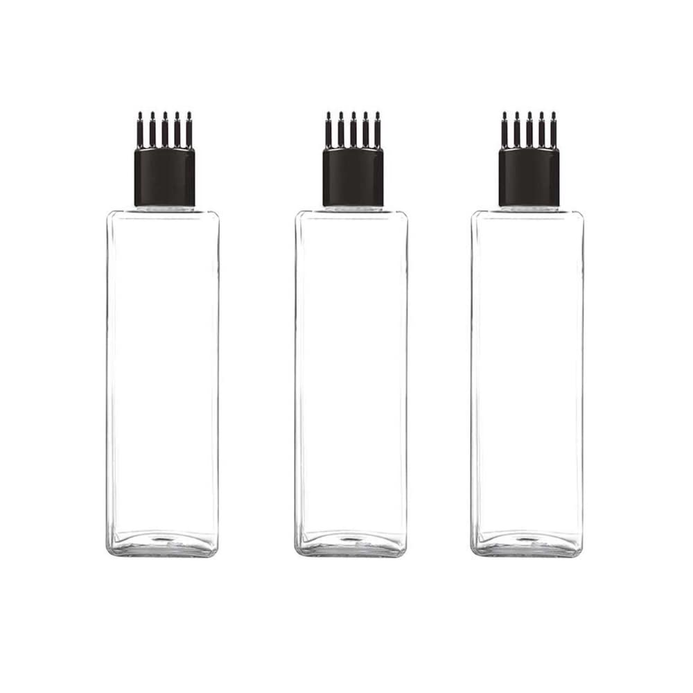 DETHRA BEAUTYCARE 100ml Refillable Square Cosmetic Bottles (3-Pack) - Transparent PET Plastic with Black Flip Top Cap & Hair Root Applicator for Shampoo, Conditioner, Hair Oil, Body Wash | Travel, Salon, Home Use