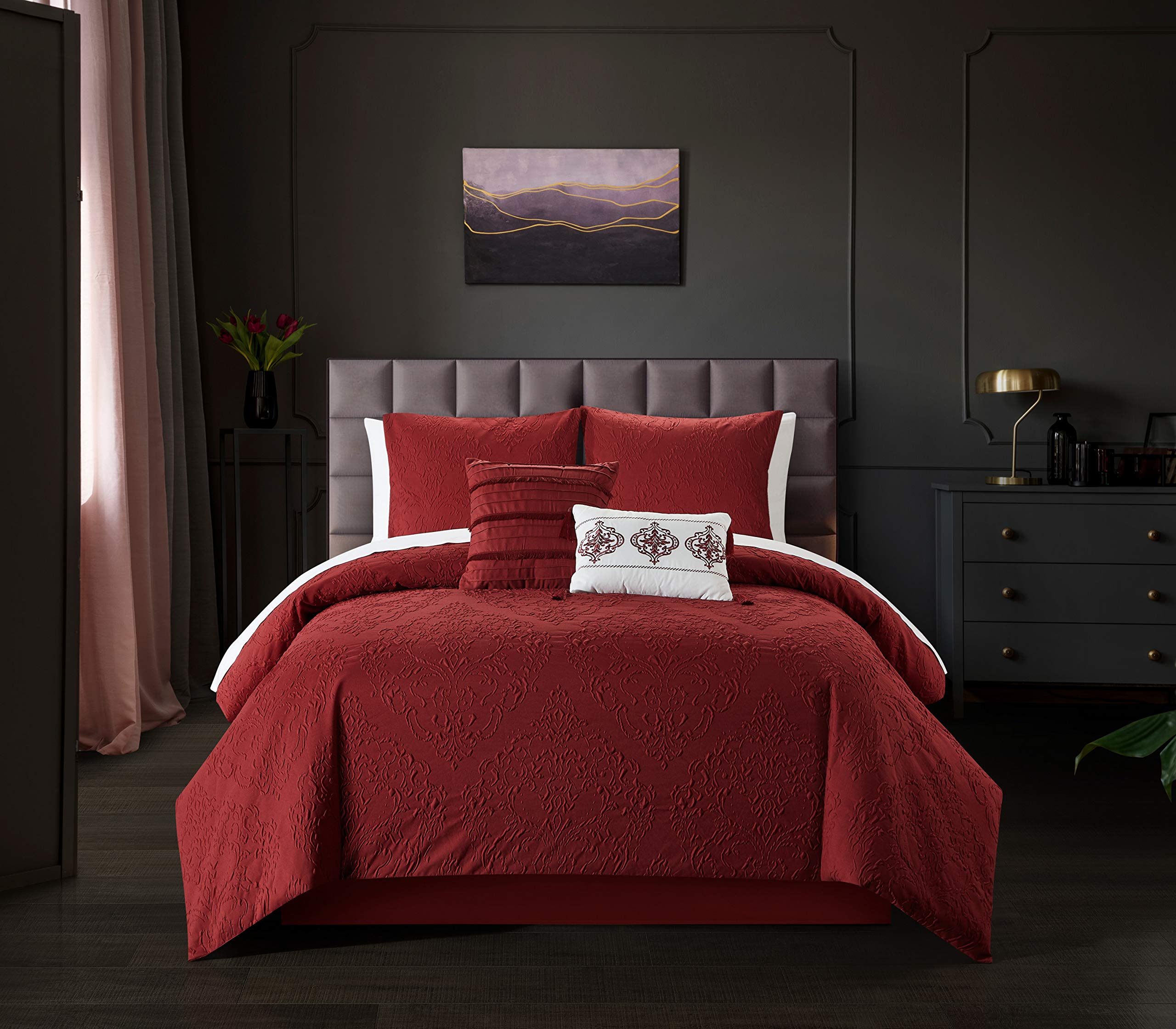 Chic Mayflower 5-Piece Queen Comforter Set with Embossed Medallion Scroll Design - Includes Decorative Pillows & Shams in Brick Red | Perfect for Master Bedroom, Guest Room & Cozy Home Decor