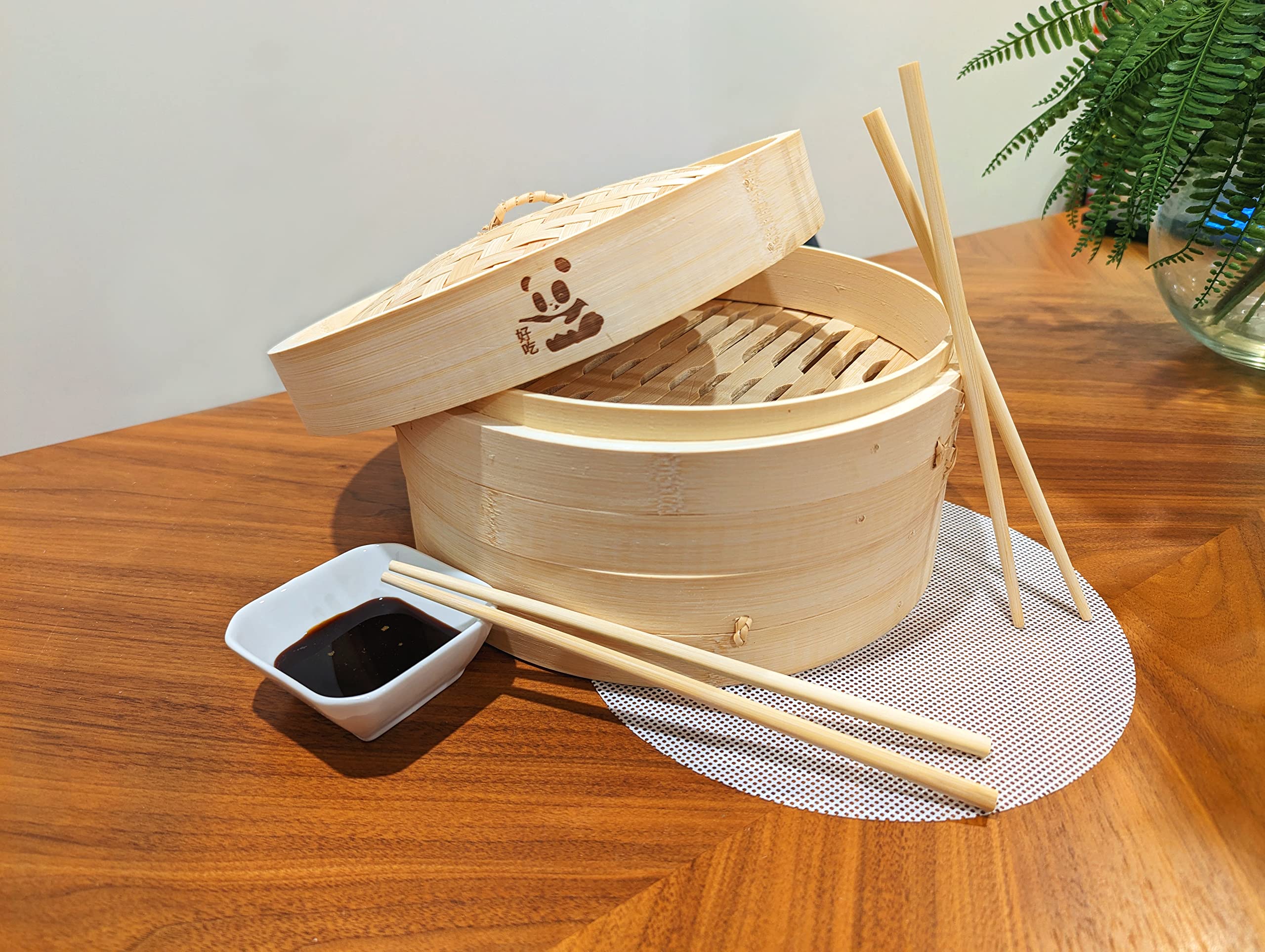 10 Inch Bamboo Steamer Basket - 2 Tier Natural Sustainable Food Cooker for Dumplings, Vegetables, Tamales, Seafood & Bao Buns | Includes 2 Reusable Nonstick Liners, 2 Pairs Chopsticks & 1 Sauce Dish | Perfect for Asian Cooking, Dim Sum, Healthy Meals & Party Serving